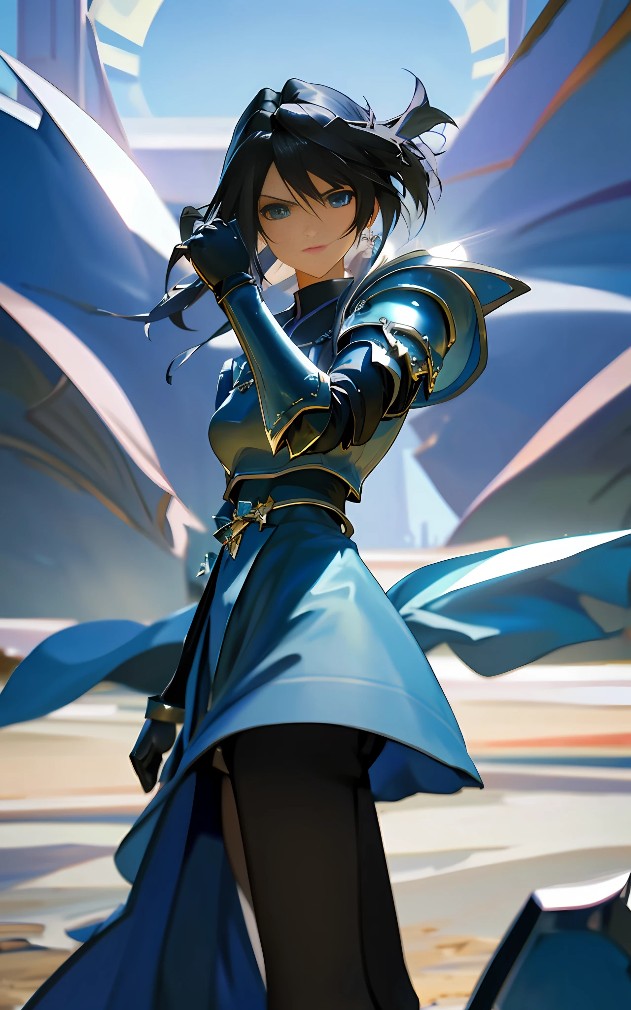 rinoa, blue dress armor, full gauntlets, dark blue full armor, dark fantasy, hair blowing in the wind, incomparable masterpiece, 8k uhd, perfect art, beautiful face, beautiful eyes, precise hands, dramatic lighting, ray tracing, symmetrical eyes