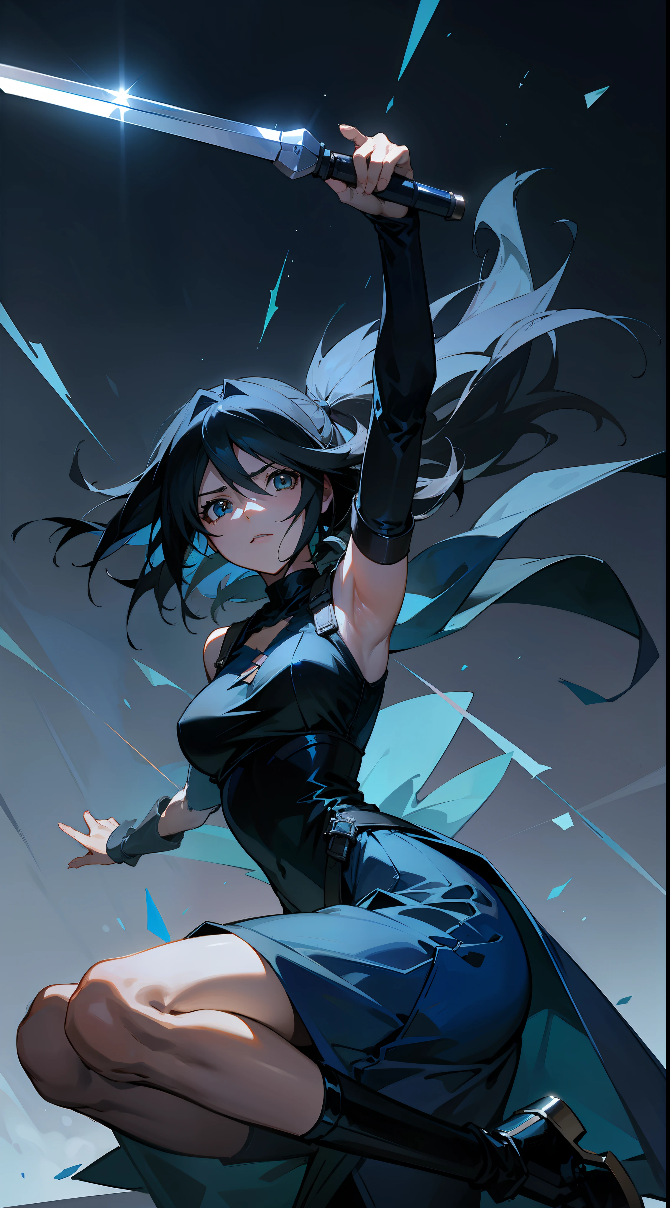 Rinoa, from Final Fantasy 8, wearing a dark blue dress armor, with a blue and black gunblade