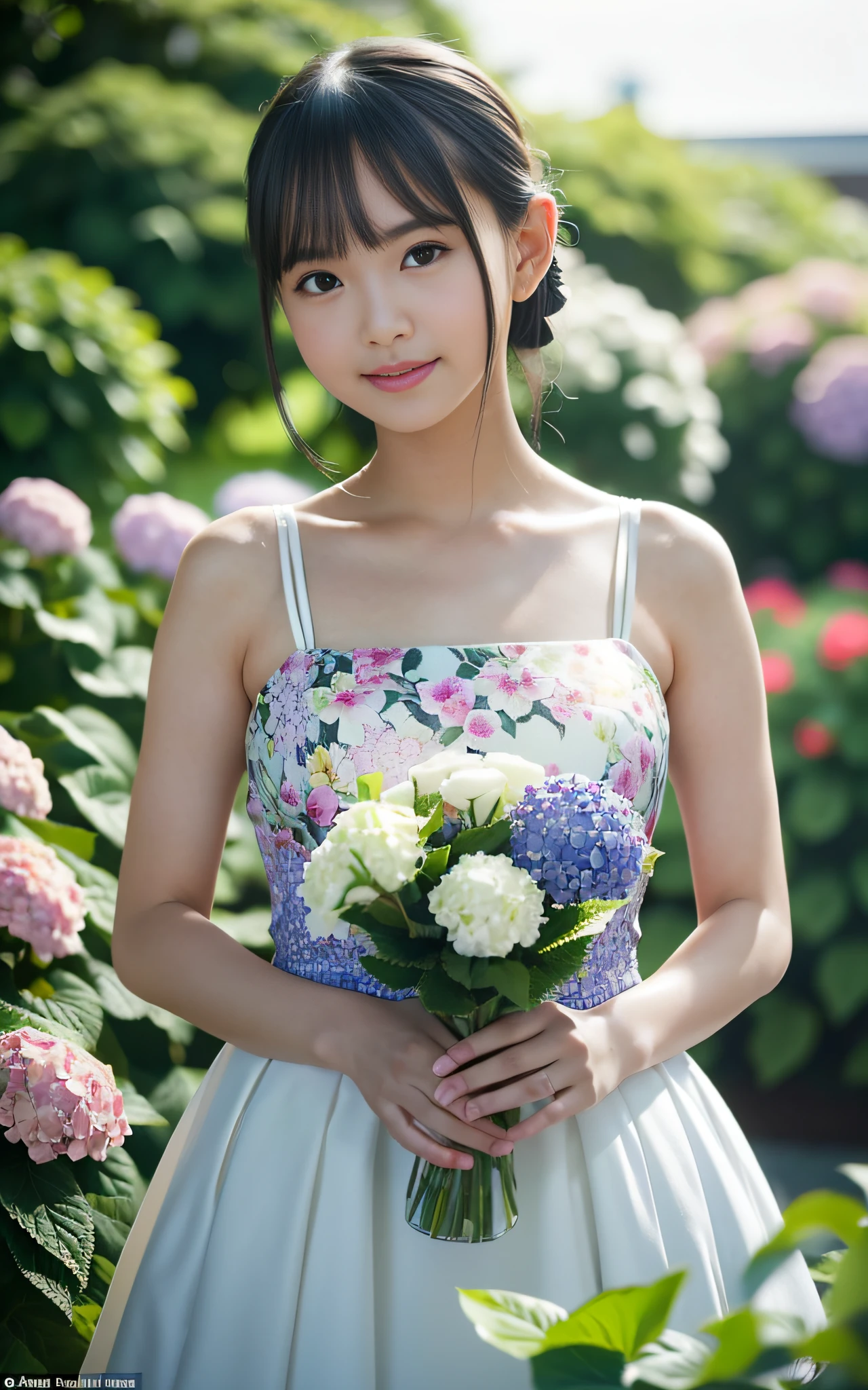 Hydrangea foreground, bokeh, photorealistic, surrounded by hydrangeas, background dark, smiling, (1 girl), (sunset: 1.3), (8k, RAW photo, best quality, masterpiece: 1.2), (realistic, photorealism: 1.37), best quality, ultra high resolution, (focus plane: 1.8), (portrait plane: 1.7), (intense: 1.1), (details: 1.1), (Best Quality), (Analog:1.2), (High Sharp), Canon EOS R6, 135mm, 1/1250s, f/2.8, ISO 400, (Summer Dress: 1.4), (Standing in a Flower Garden: 1.3), (Bright and Colorful: 1.3)