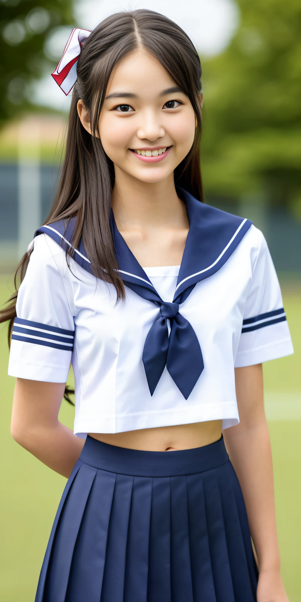 neat college girl, (school uniform, sailor uniform, ribbon tied at chest, summer uniform, upper body white, skirt is navy blue), outside the athletic field, (slim), photorealistic, detail, skin texture, ultra detail, delicate and sexy collarbone, smile, super detailed face, detailed lips, detailed eyes, double eyelids, small breasts, small breasts, small, flat breasts, breast emphasis