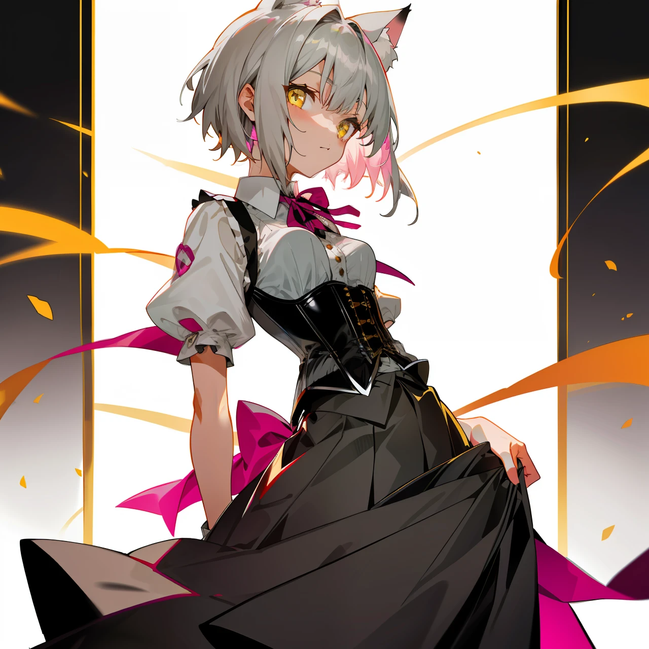 Girls, gray-haired, short-haired, yellow-eyed, small breasts, cat hair ornament, sidelocks, gray-haired, shiny hair, uniform, (golden eyes: 1.2), (two long triangular extensions on the skirt, vest corset on the stomach), white buttons of the vest corset, (stripped shirt with short sleeves under the vest corset), (sleeves ends closer to the arms), (thick ribbon of black color on the neck), ( short magenta skirt),