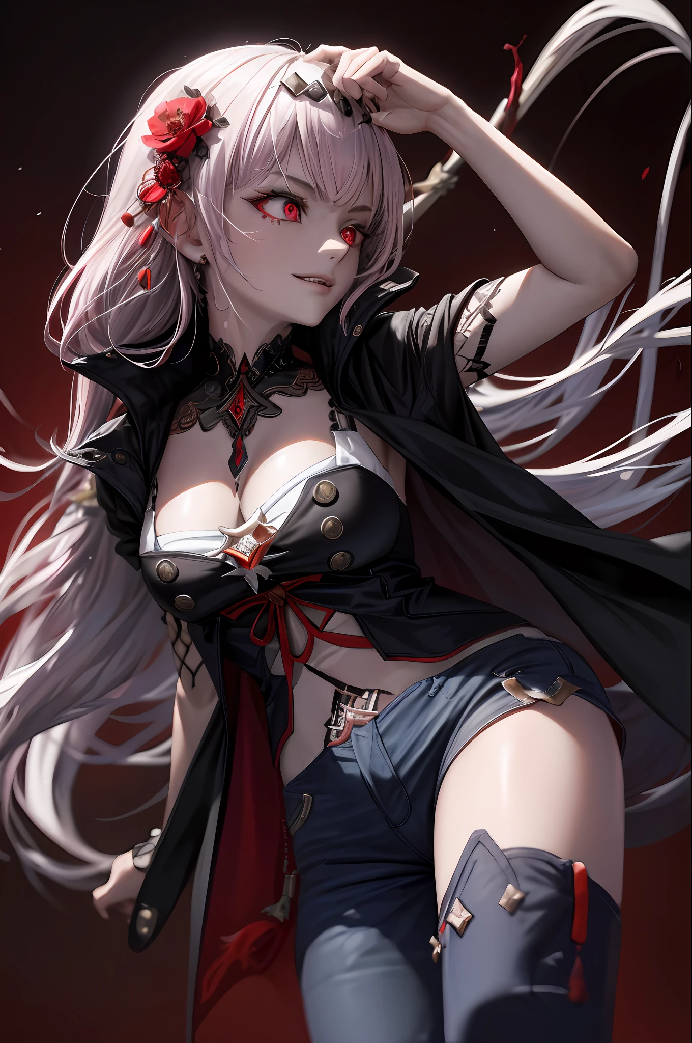 (Ashenhardt style:1.4), Masterpiece, Best quality, High quality,(Red eyes with dark red glow), (in profile), Abstraction, Deep Sea, Award-winning photography, Depth of field, HDR, Very detailed, Trending in art station, Trending in CGsociety, Complex, High detail,(Masterpiece: 1.2, highest quality), (Best lighting, very delicate and beautiful), (Best lighting, Very delicate and beautiful), (beautiful detailed face), (detailed eyes and detailed face:1.2), dark fantasy, (young girl, 1girl, solo, crazy smile, pale skin,G cup,cleavage,19 piercings,((tattoo all over body,tribal tattoo all over foot)) gray hair, red glowing eyes, dynamic angle, vampire), ((back Art paint on the ground, magic circle, graffiti on the wall)),(Get a demon to be summoned:1), ((in the Chinese streets)),(Magic circle to demon),Magic thunder, pointy_ears, Fangs,Blood on face,Blood rain,Blood mist,(Depth of field),High contrast,(Blood splash: 1.4),Cowboy shot,Full body,,Shorts,Jacket,Shirt,Shorts,Cowboy Shots,Denim Jackets,