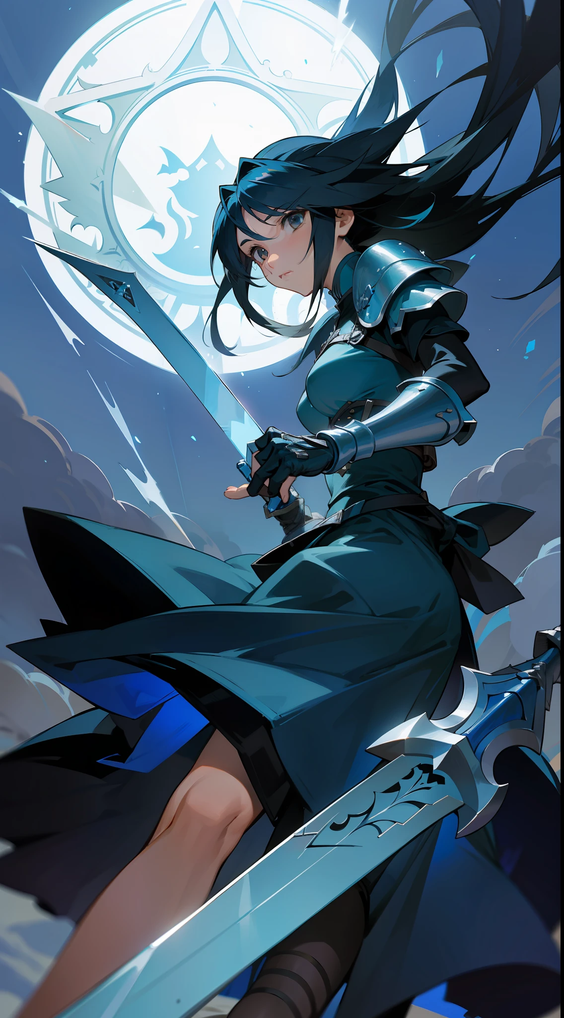 Rinoa, from Final Fantasy 8, wearing a dark blue dress armor, with a large blue sword and a shield, full gauntlets,