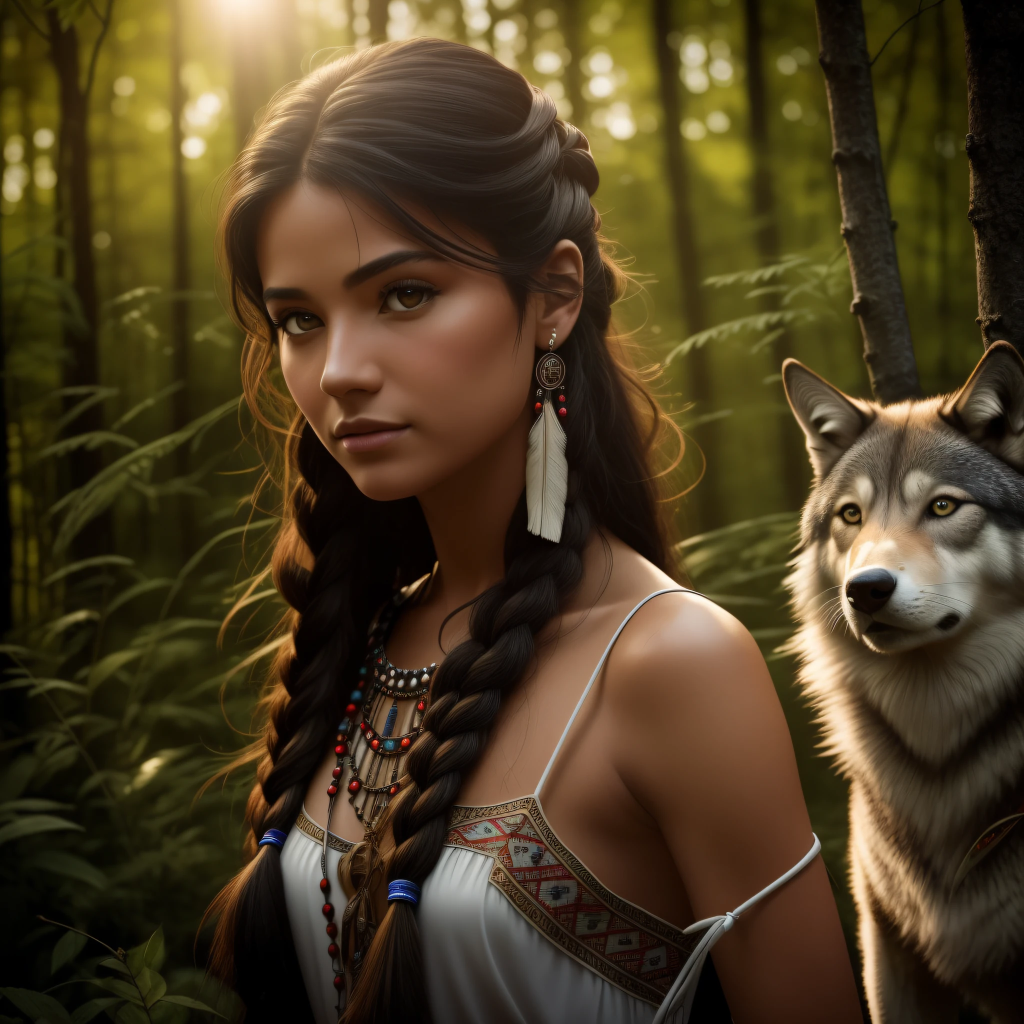 (best quality, masterpiece: 1.1), (realism: 1.4),(masterpiece, realistic: 1.4), (Extreme precision: 1.2); (Front: 1.3), realistic portrait of a Native American girl with indigenous adornments with her ultra realistic pet wolf in the forest, Tribal dress, Extra long hair, Bare shoulders, Night sky, Galaxy glow, Ocean, Water, Head tilt, Wind, Clouds, Natural light, Outdoor, Solo, BREAK, Cinematic light, Ultra High Resolution, 8k UHD, Film beads,  Perfect anatomy, Delicate and delicate skin, best shadows, delicate, RAW, high resolution, huntress, night, full moon brightness.