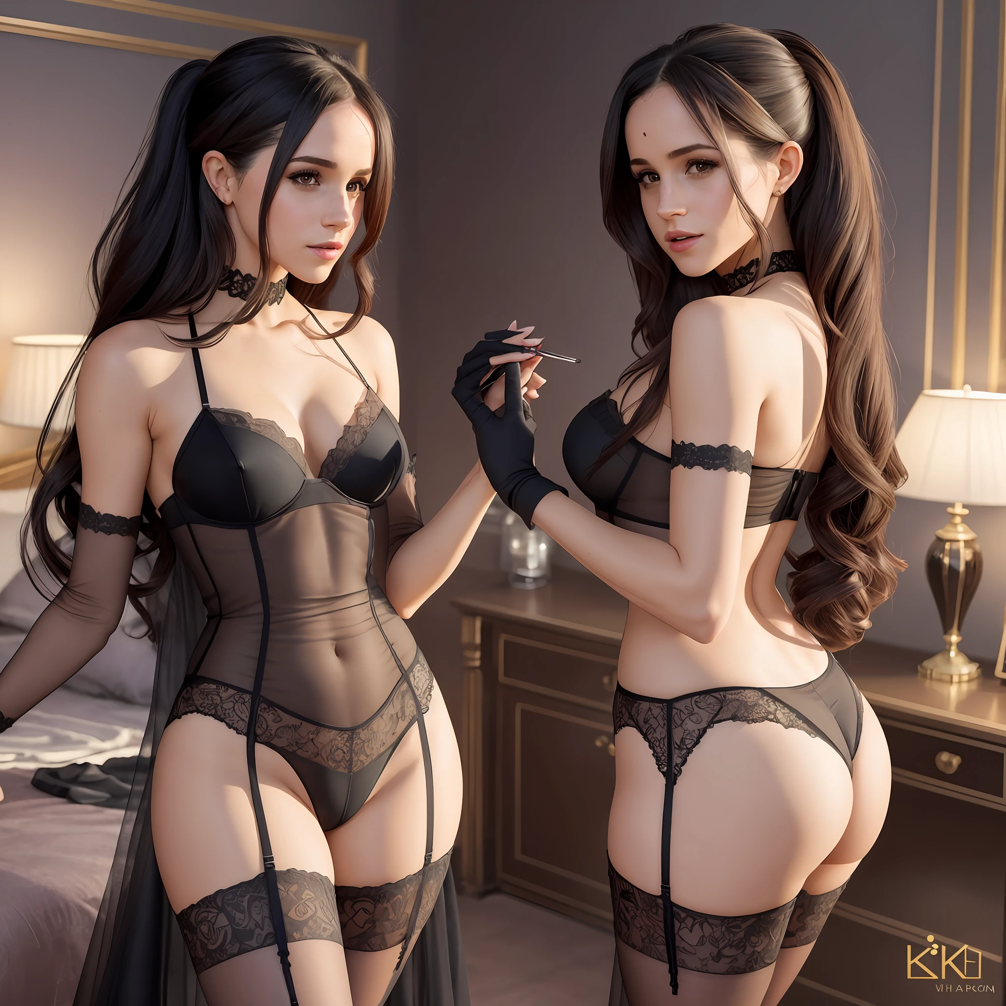 Meghan Markle and Emma Watson, 2 girls, kissing, having, posing for picture, stockings, touching eachother, sexy, full body shot, shot from behind, bedroom background, standing pose, sexy pose, bride, queen, elegant, princess long dress, corsait, stockings, high heels, long legs, sexy lace clothing, panties, long gloves, choker, ponytail, very long hair, makeup, lipstick, hot attractive female, detailed face, perfect body, black hair, late hours, high resolution, best quality, 4k, looking at viewer, --auto --s2