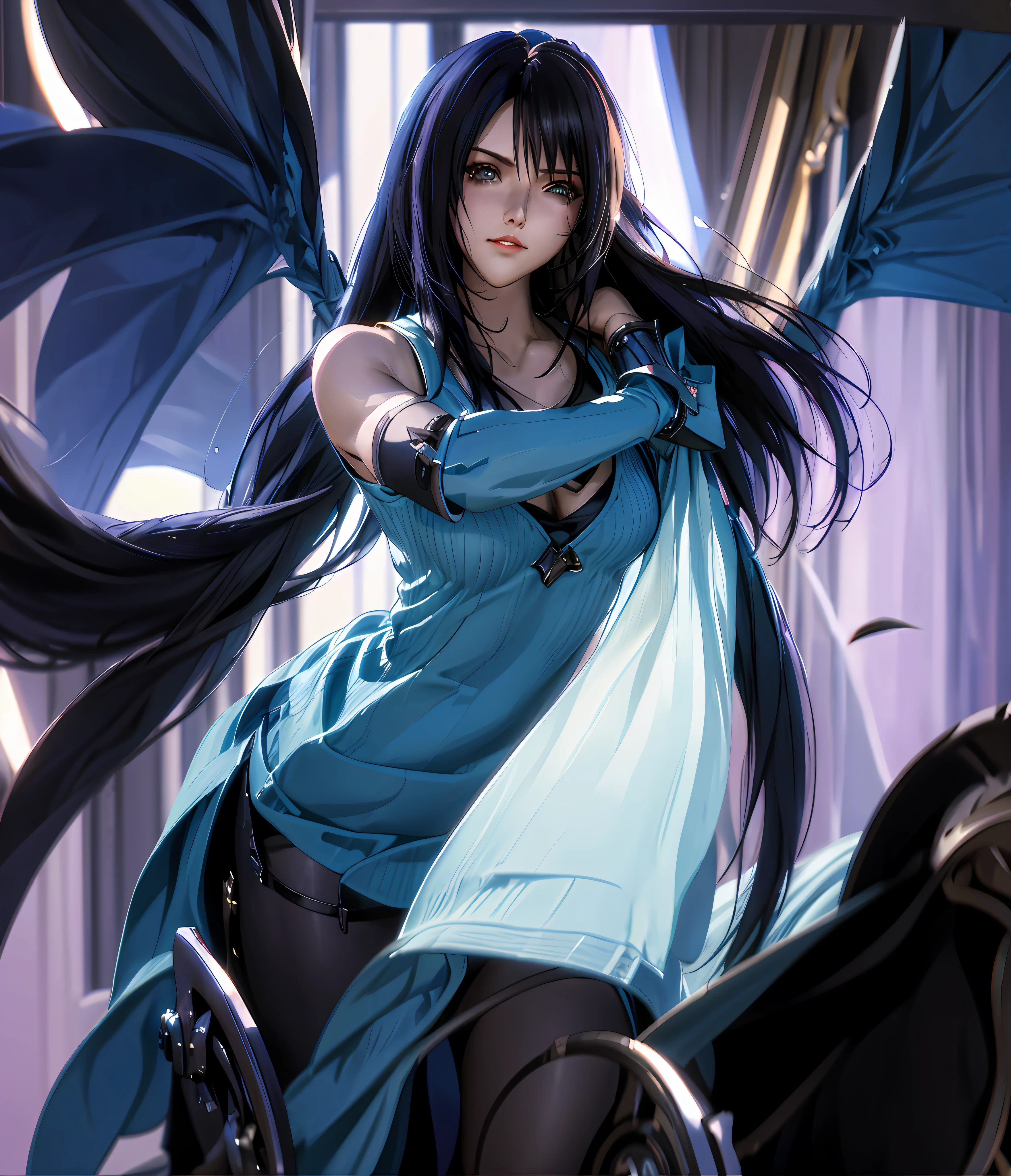 rinoa, blue dress armor, full gauntlets, dark blue shoulder pads, dark fantasy, hair blowing in the wind, incomparable masterpiece, 8k uhd, perfect art, beautiful face, beautiful eyes, precise hands, dramatic lighting, ray tracing, symmetrical eyes