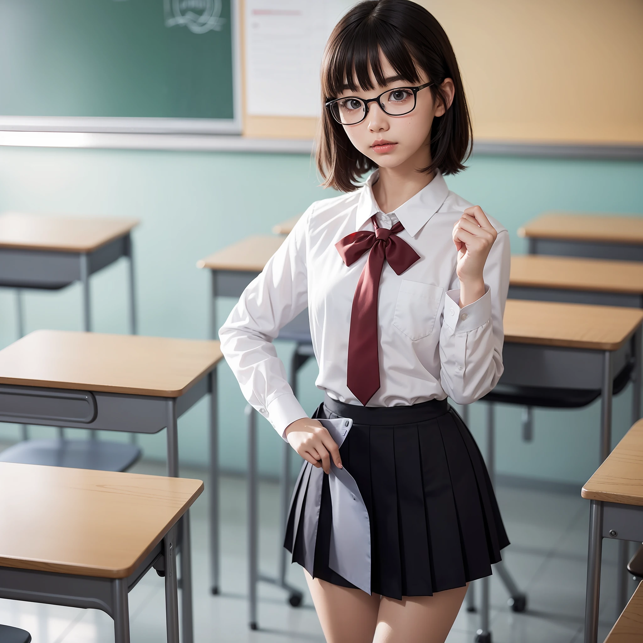 Blurry, Blurred background, Blurred foreground, Depth of Field, Single Girl, School Desk, Photo (Medium), Classroom, Desk, Ribbon, School Chair, Solo, Amazingly Small, Glasses, Chair, Red Bow, Uniform, 3D, Asian, Lips, Motion Blur, Standing, Watching, Shirt, Indoors, White Shirt, Short Hair, Ribbon Tie, Blackboard, Bangs, Black Hair