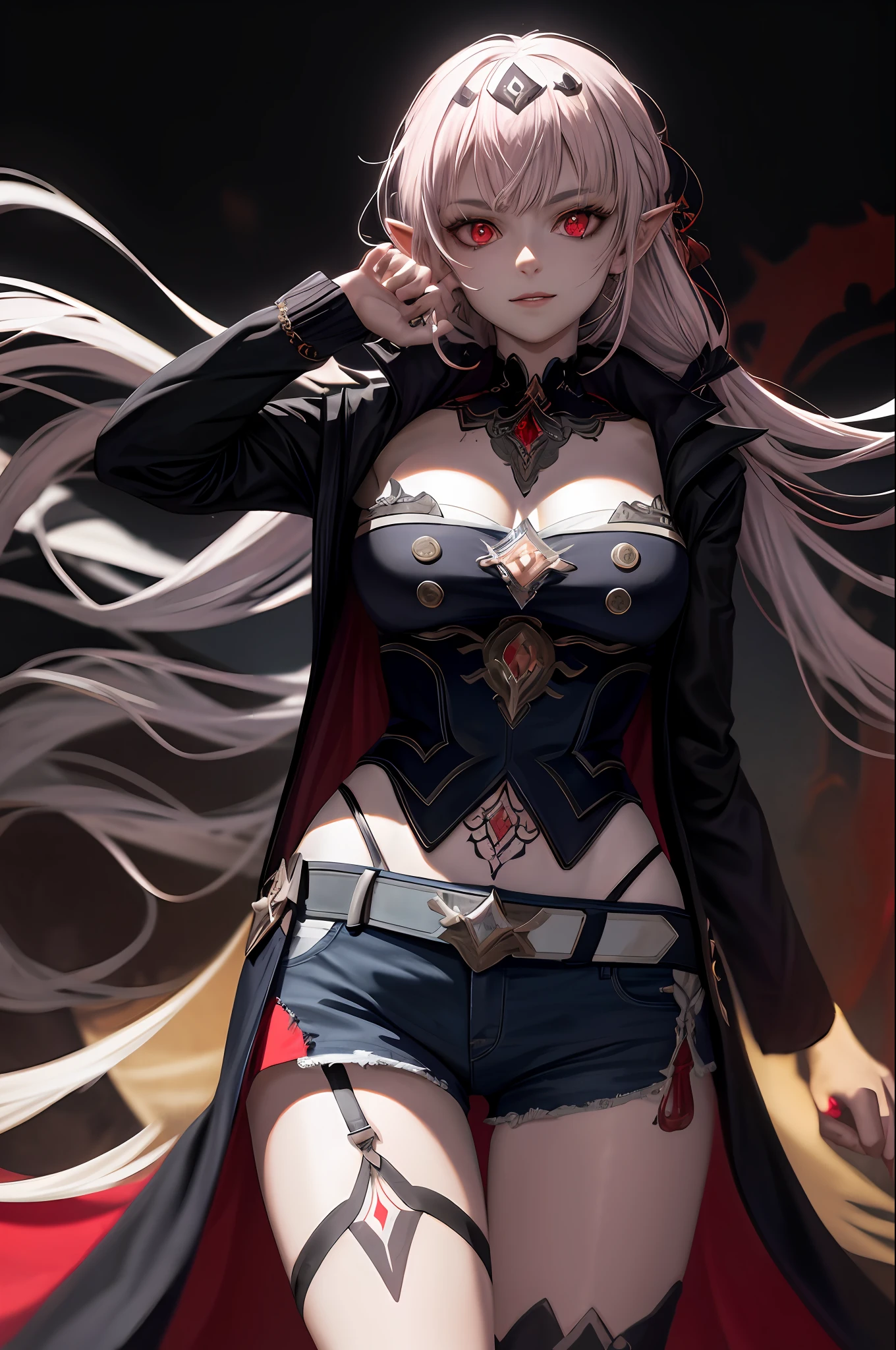(Ashenhardt style:1.4), Masterpiece, Best quality, High quality,(Red eyes with dark red glow), (in profile), Abstraction, Deep Sea, Award-winning photography, Depth of field, HDR, Very detailed, Trending in art station, Trending in CGsociety, Complex, High detail,(Masterpiece: 1.2, highest quality), (Best lighting, very delicate and beautiful), (Best lighting, Very delicate and beautiful), (beautiful detailed face), (detailed eyes and detailed face:1.2), dark fantasy, (young girl, 1girl, solo, crazy smile, pale skin,G cup,cleavage,19 piercings,((tattoo all over body,tribal tattoo all over foot)) gray hair, red glowing eyes, dynamic angle, vampire), ((back Art paint on the ground, magic circle, graffiti on the wall)),(Get a demon to be summoned:1), ((in the Chinese streets)),(Magic circle to demon),Magic thunder, pointy_ears, Fangs,Blood on face,Blood rain,Blood mist,(Depth of field),High contrast,(Blood splash: 1.4),Cowboy shot,Full body,,Shorts,Jacket,Shirt,Shorts,Cowboy Shots,Denim Jackets,