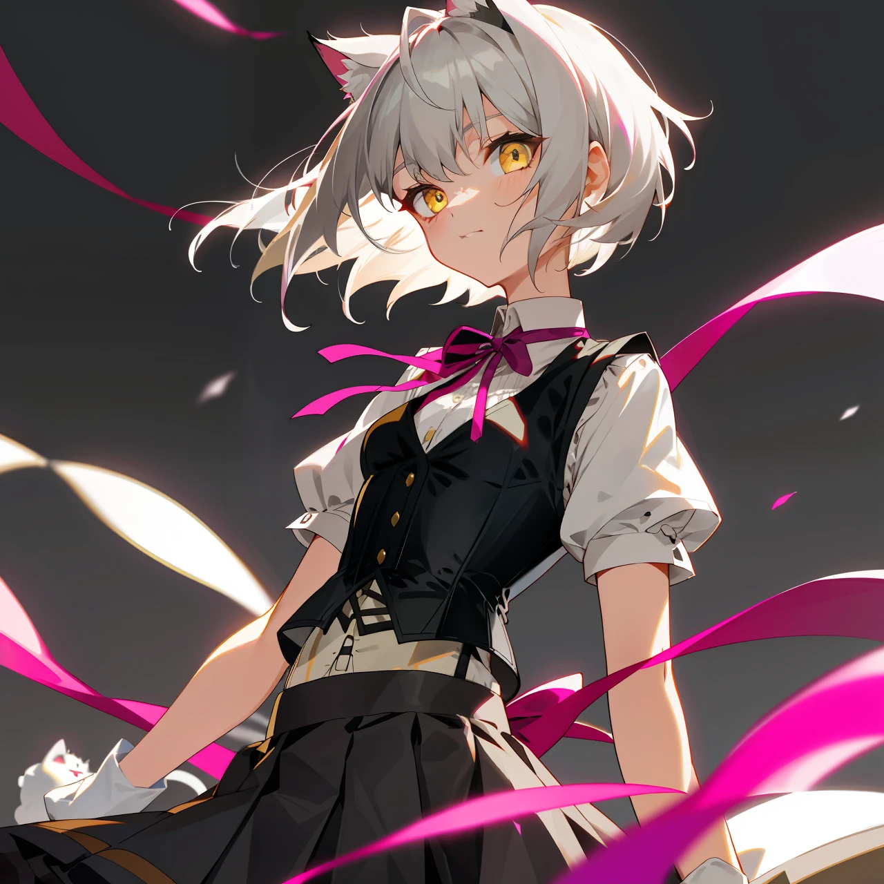 Girls, gray-haired, short-haired, yellow-eyed, small breasts, cat hair ornament, sidelocks, gray-haired, shiny hair, uniform, (golden eyes: 1.2), (two long triangular extensions on the skirt, vest corset on the stomach), white buttons of the vest corset, (stripped shirt with short sleeves under the vest corset), (sleeves ends closer to the arms), (thick ribbon of black color on the neck), ( short magenta skirt),