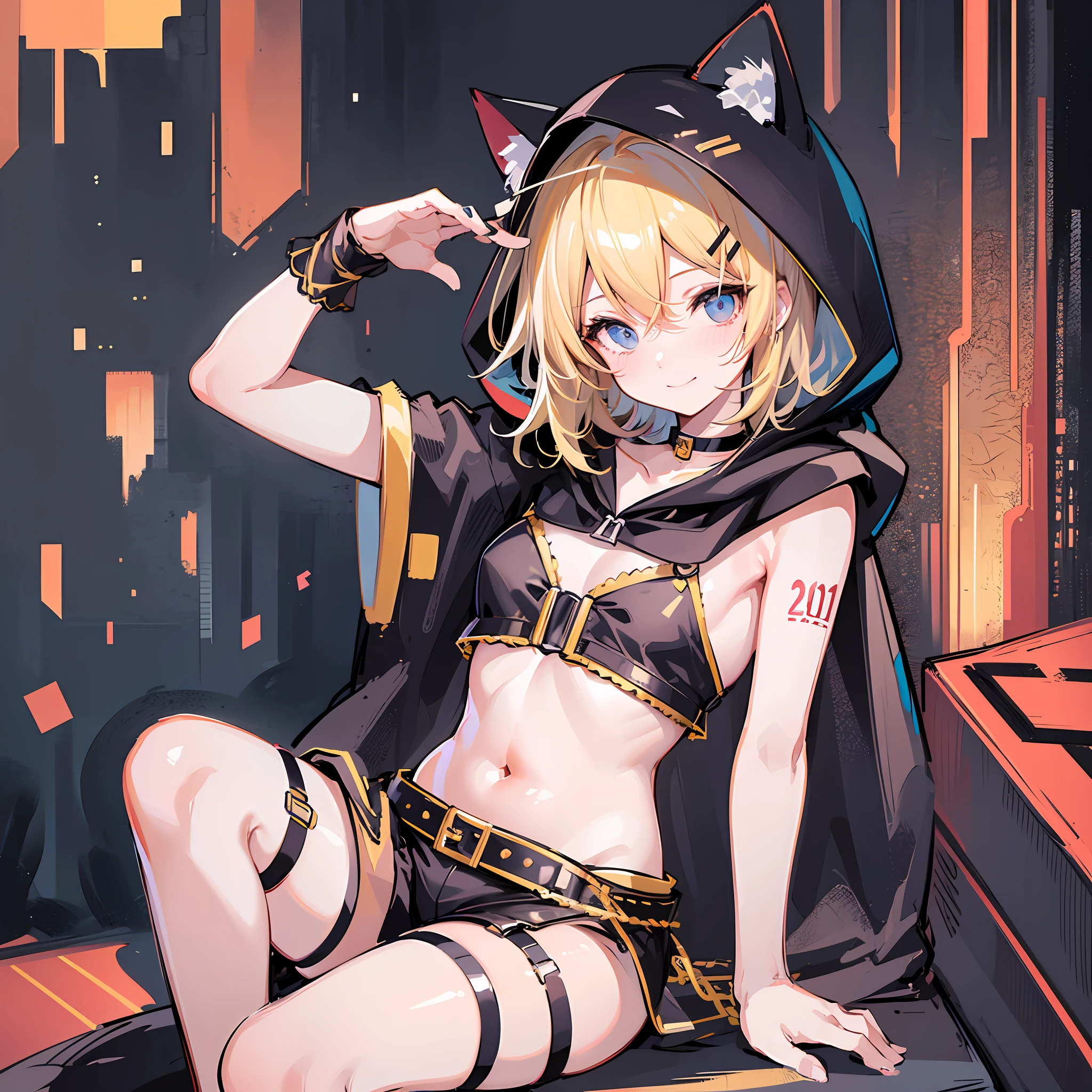 (Masterpiece), (Best Quality), (Illustration), (Ultra Detailed), (High Resolution), Absurdity, One Girl, (kagamine-rin), (Vocaloid), Smile, Innocence, Short Hair, Hair Clips, (Cat Ear Hood), (Wearing a Hood), Perfect Size Hood, Blush, Black Shorts, (Blonde), Very Cute Girl, Small, Young, Delicate, Outdoor, Attention on Girls, Cat pose, sitting, chest open, navel visible, cleavage, shoulder cut off, number tattoo on arm