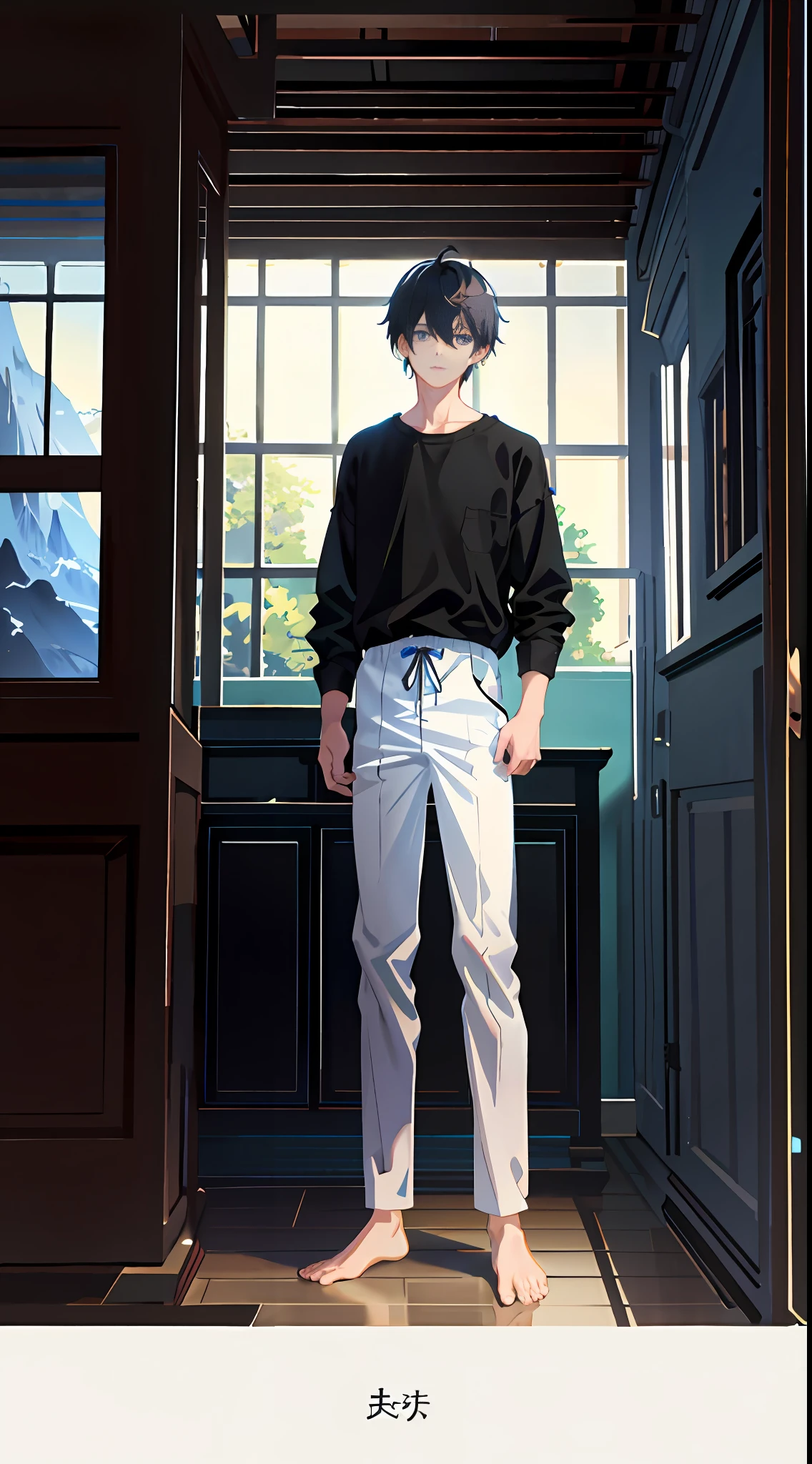 8k resolution, very detailed, anatomically correct, clear images, digital painting, concept art, Makoto Shinkai style, there is a boy and a girl in the room, the boy is bangs, black hair black, shirt, hair between the eyes of blue eyes, the girl is long white hair, wearing pajamas, boy and girl standing