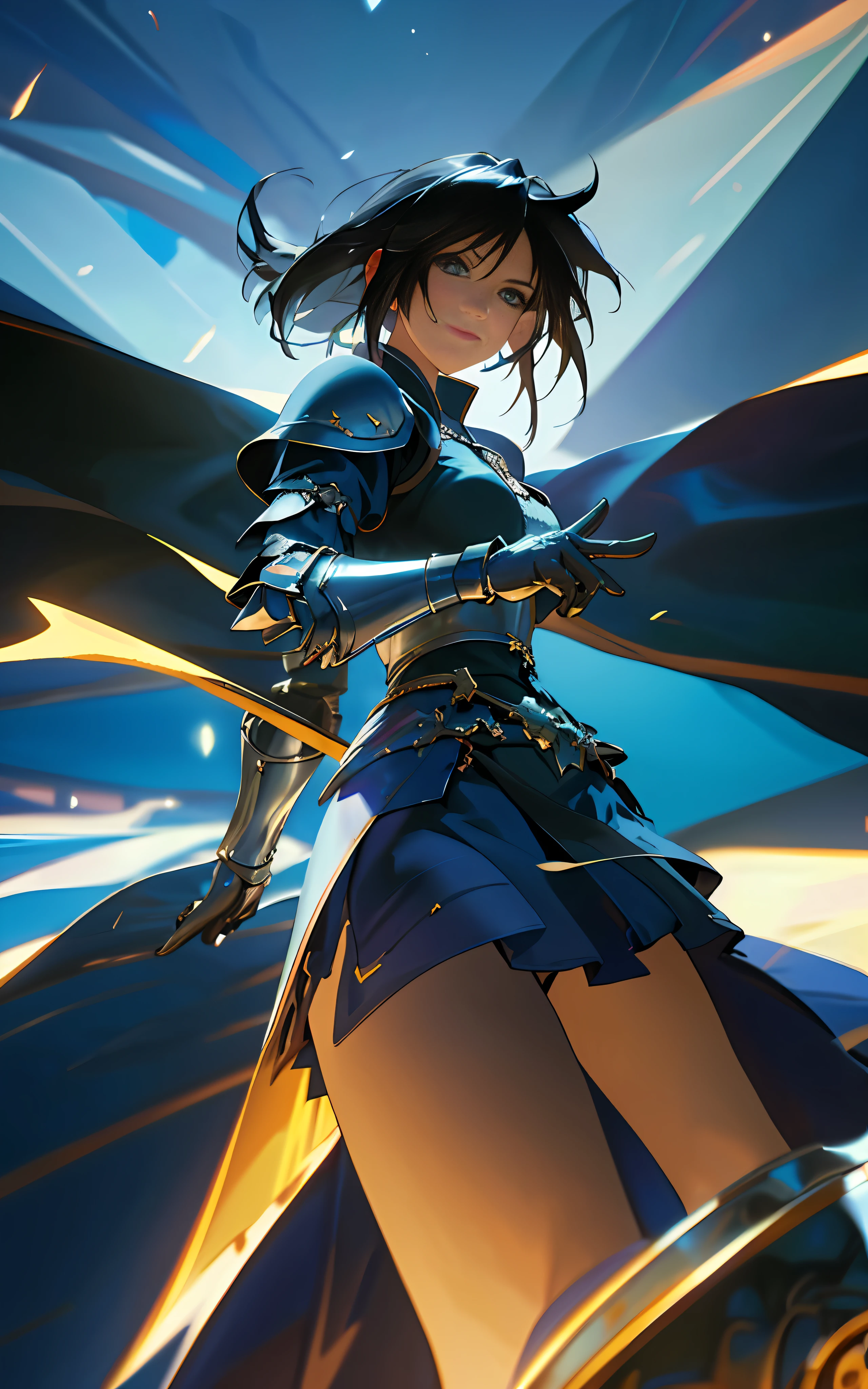 rinoa, blue dress armor, full gauntlets, dark blue full armor, dark fantasy, hair blowing in the wind, incomparable masterpiece, 8k uhd, perfect art, beautiful face, beautiful eyes, precise hands, dramatic lighting, ray tracing, symmetrical eyes