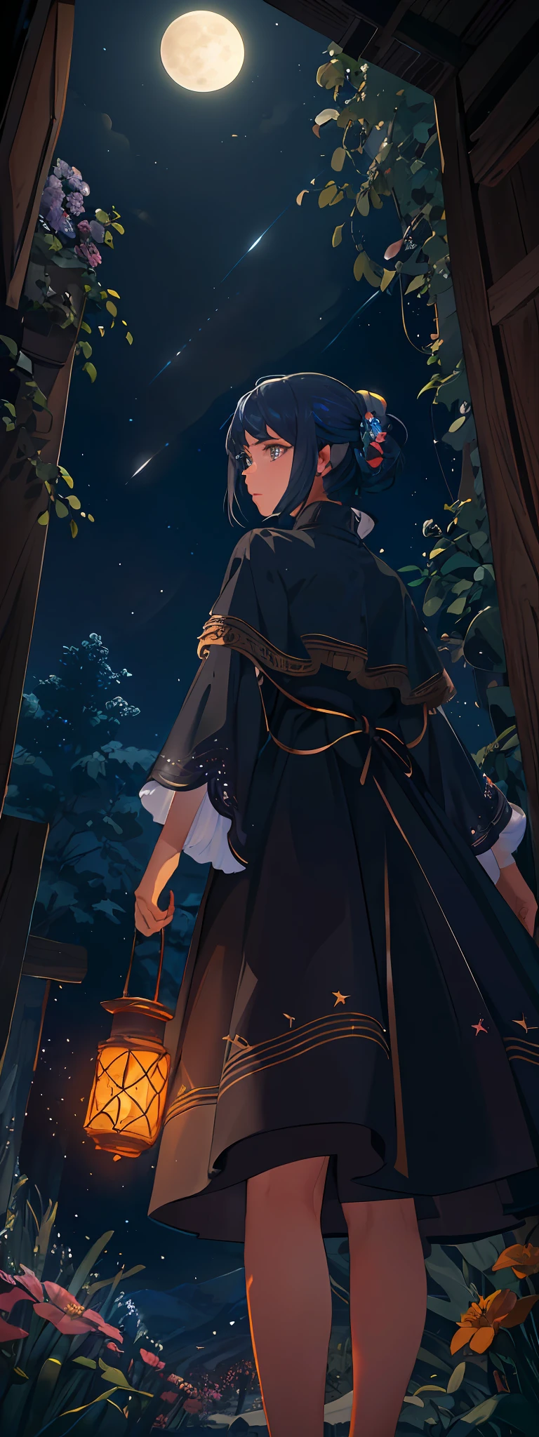Expansive landscape photograph, (view from below with a view of the sky and wilderness below), girl standing in a flower field looking up, (full moon: 1.2), (shooting star: 0.9), (nebula: 1.3), distant mountain, tree break production art, (warm light source: 1.2), (firefly: 1.2), lamp, purple and orange, intricate detail, volume lighting, realism break (masterpiece: 1.2) (Best Quality), 4K, Ultra-Detailed, (Dynamic Configuration: 1.4), Highly Detailed and Colorful Details, (Iridescent Colors: 1.2), (Glowing Lighting, Atmospheric Lighting), Dreamy, Magical, (Solo: 1.2)