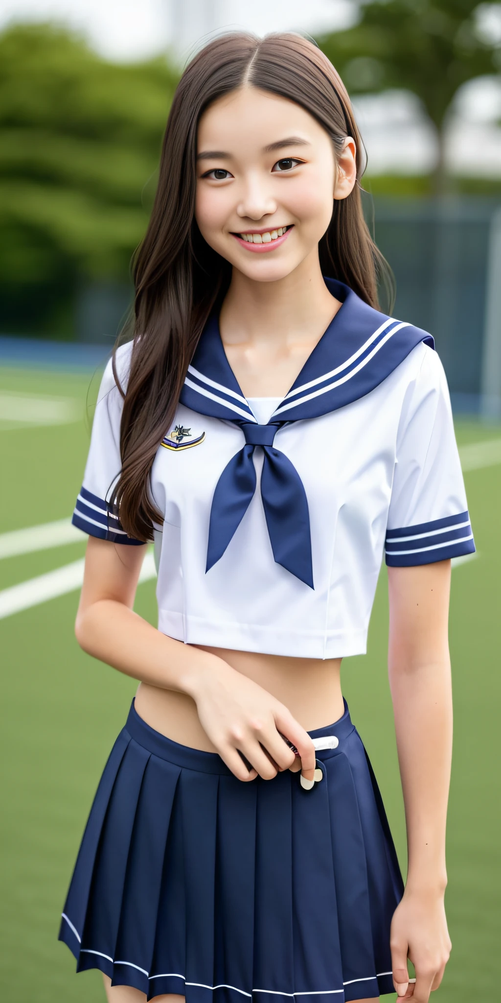 neat college girl, (school uniform, sailor uniform, ribbon tied at chest, summer uniform, upper body white, skirt is navy blue), outside the athletic field, (slim), photorealistic, detail, skin texture, ultra detail, delicate and sexy collarbone, smile, super detailed face, detailed lips, detailed eyes, double eyelids, small breasts, small breasts, small, flat breasts, breast emphasis
