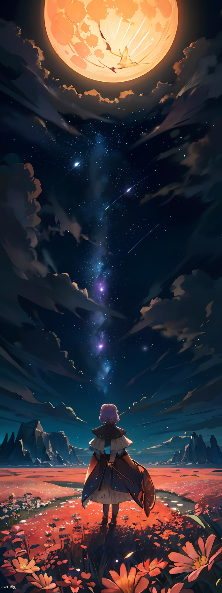 Expansive landscape photograph, (view from below with a view of the sky and wilderness below), little girl standing in a flower field looking up, (full moon: 1.2), (shooting star: 0.9), (nebula: 1.3), distant mountain, tree break production art, (warm light source: 1.2), (firefly: 1.2), lamp, purple and orange, intricate detail, volume lighting, realism break (masterpiece: 1.2) (Best Quality), 4K, Ultra-Detailed, (Dynamic Configuration: 1.4), Highly Detailed and Colorful Details, (Iridescent Colors: 1.2), (Glowing Lighting, Atmospheric Lighting), Dreamy, Magical, (Solo: 1.2)