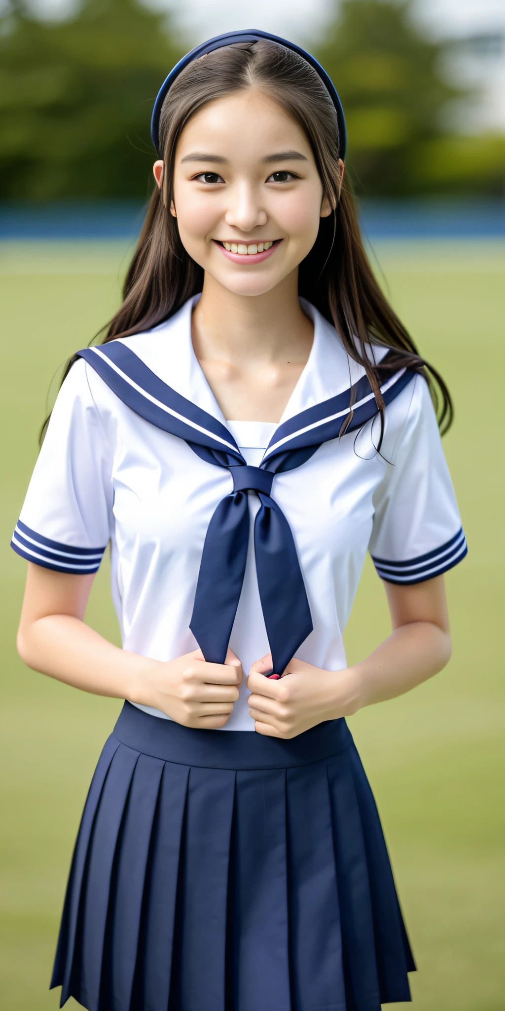 neat college girl, (school uniform, sailor uniform, ribbon tied at chest, summer uniform, upper body white, skirt is navy blue), outside the athletic field, (slim), photorealistic, detail, skin texture, ultra detail, delicate and sexy collarbone, smile, super detailed face, detailed lips, detailed eyes, double eyelids, small breasts, small breasts, small, flat breasts, breast emphasis