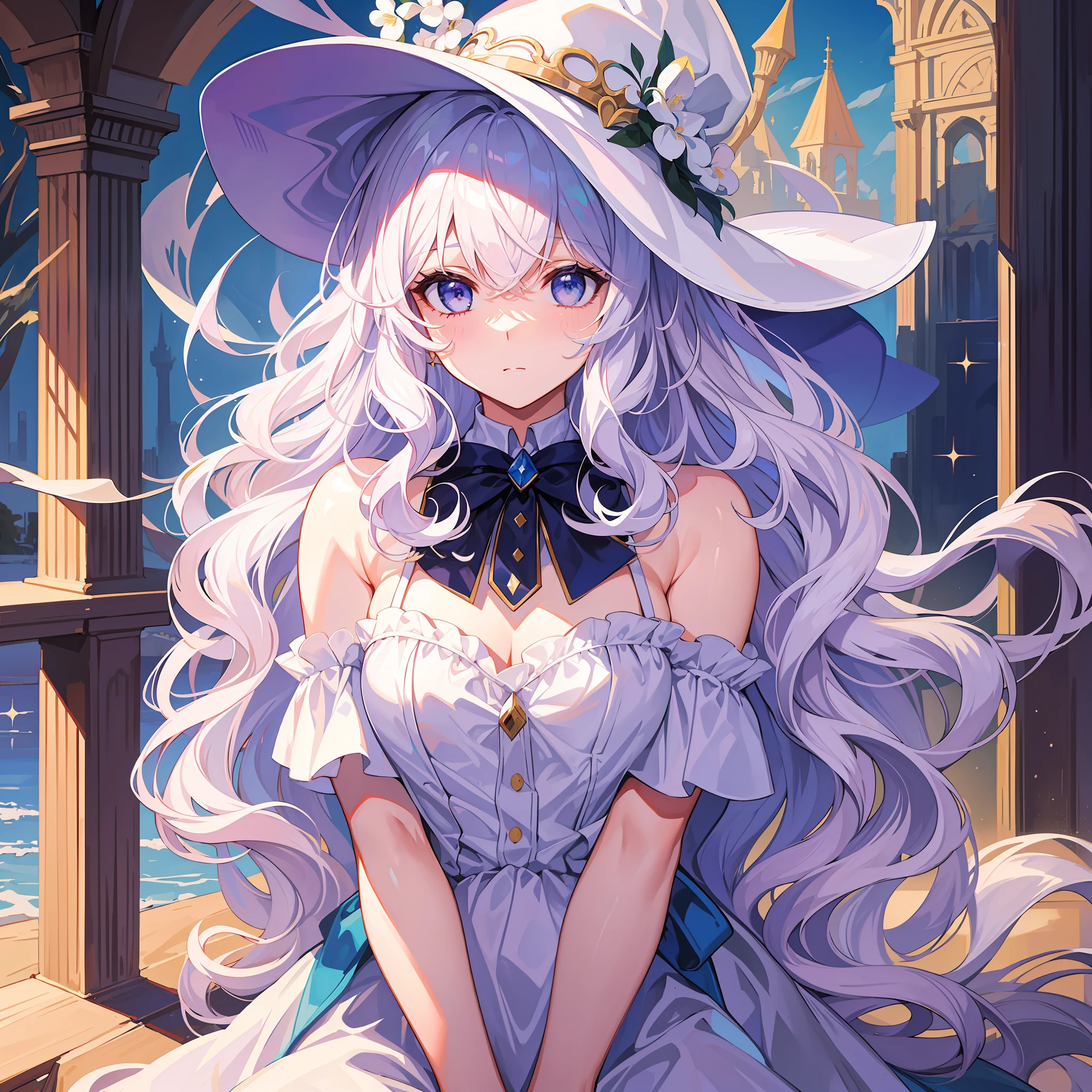 Masterpiece, best quality, white lilac hair, big wavy hair, front, broken hair bangs, full body, magic hat