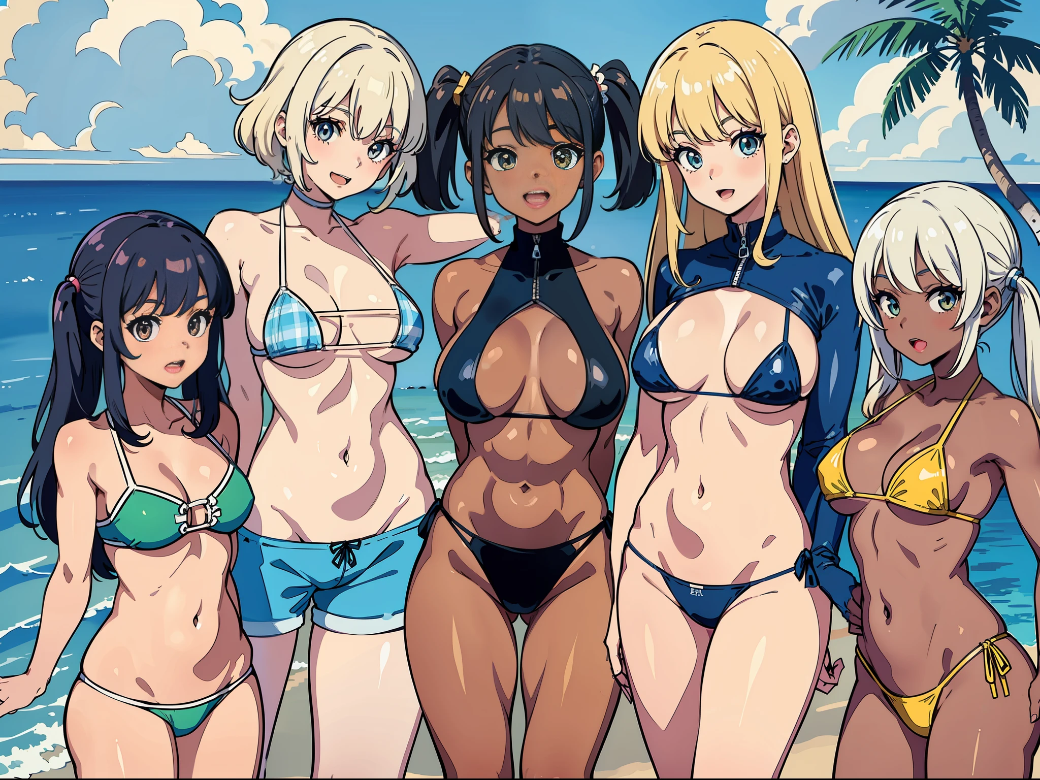 (Masterpiece), Best Quality, Hi-Res, NSFW, (5 girls: 1.1), (Complex High Detail Body: 1.1), (Slim Body: 1.2), (Big: 1.2), (Dark Skin: 1.1), (Muscles: 1.2), Blonde Hair, Twin Tails, (Open Mouth, Happy Smile: 1.2), Latex Bikini, Dynamic Pose, Cowboy Shot, Beach