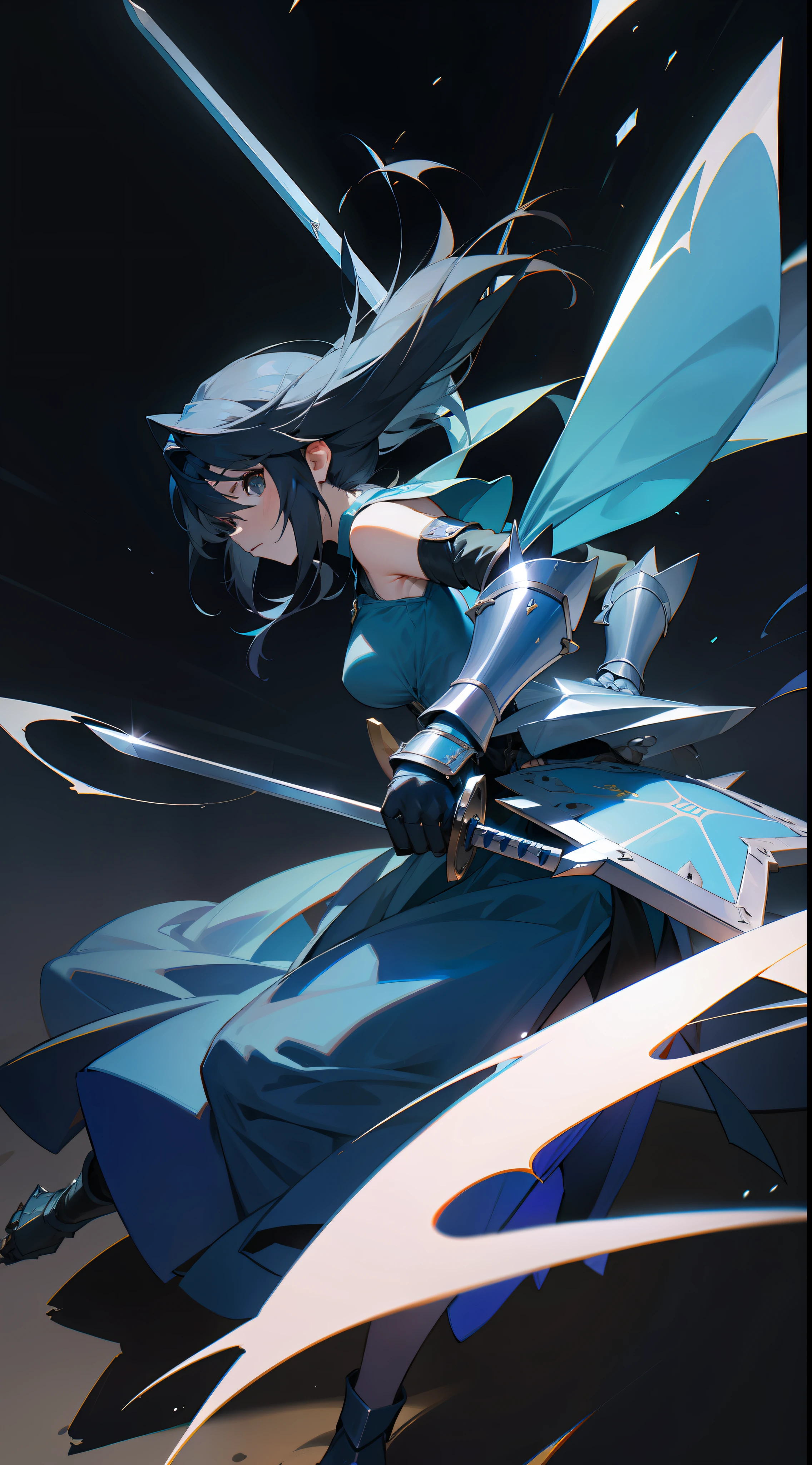 Rinoa, from Final Fantasy 8, wearing a dark blue dress armor, with a large blue sword and a shield, full gauntlets,