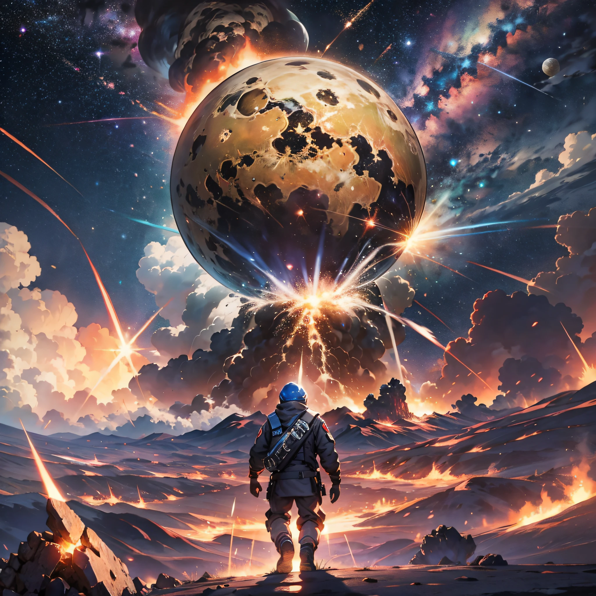 Meteorite hits Earth, explodes, people stand up, letters of destruction