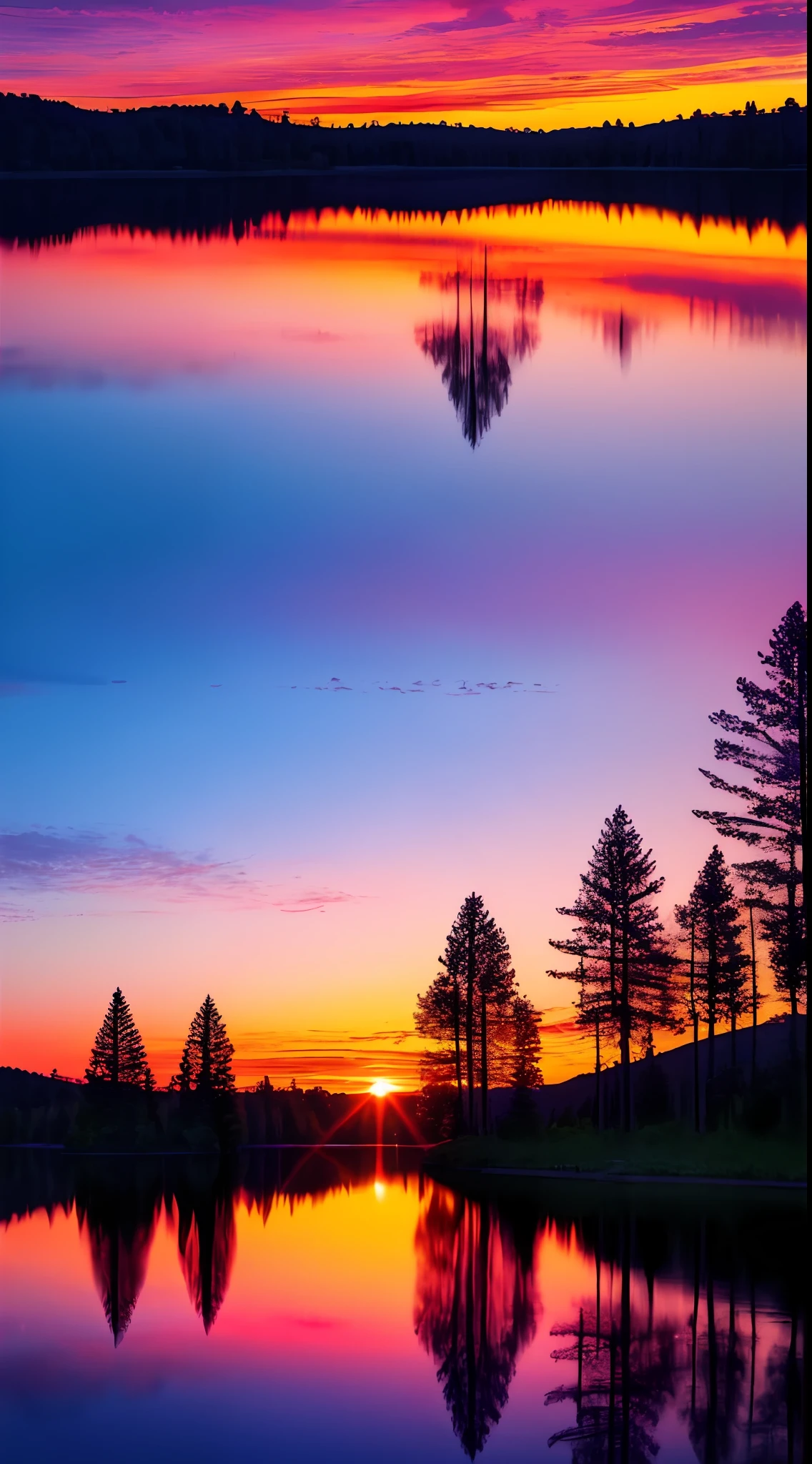 there is a beautiful sunset with a lake and trees in the background, colorful skies, surreal colors, colorful sunset, colorful sky, marvellous reflection of the sky, stunning sky, dream like atmosphere 8k, colorful clouds, colors reflecting on lake, surreal sky, red and blue reflections, fire reflection, beautiful sky, beautiful and spectacular dusk, beautiful dreamy landscape, amazing sky