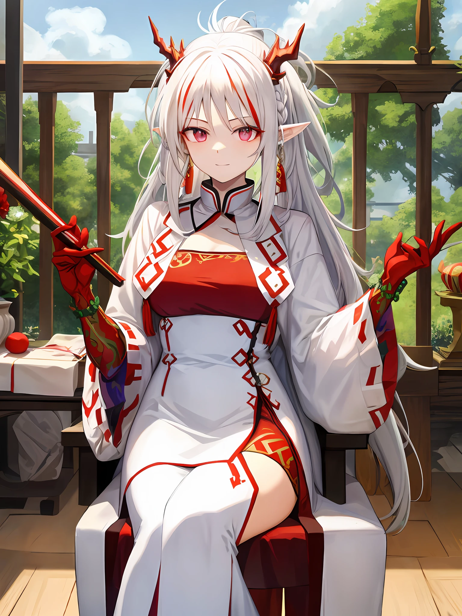 White hair, red eyes, royal sister, long hair, ancient style