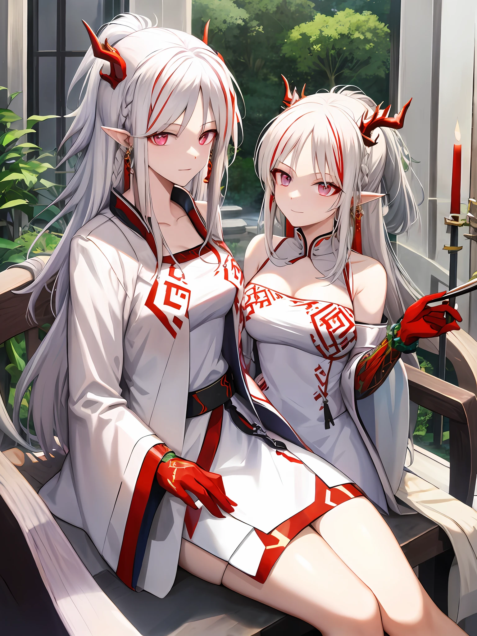 White hair, red eyes, royal sister, long hair, ancient style