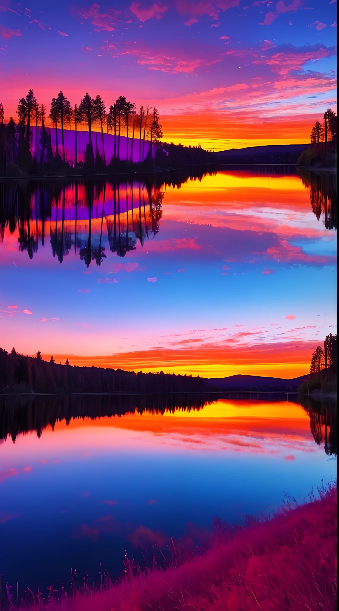 there is a beautiful sunset with a lake and trees in the background, colorful skies, surreal colors, colorful sunset, colorful sky, marvellous reflection of the sky, stunning sky, dream like atmosphere 8k, colorful clouds, colors reflecting on lake, surreal sky, red and blue reflections, fire reflection, beautiful sky, beautiful and spectacular dusk, beautiful dreamy landscape, amazing sky