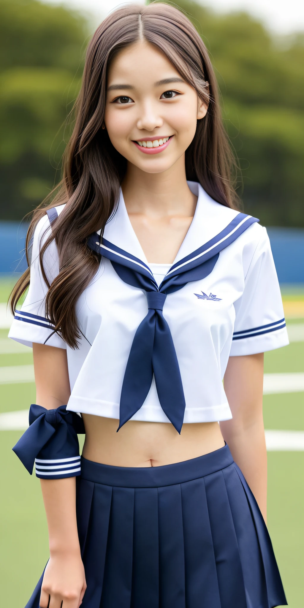 neat college girl, (school uniform, sailor uniform, ribbon tied at chest, summer uniform, upper body white, skirt is navy blue), outside the athletic field, (slim), photorealistic, detail, skin texture, ultra detail, delicate and sexy collarbone, smile, super detailed face, detailed lips, detailed eyes, double eyelids, small breasts, small breasts, small, flat breasts, breast emphasis