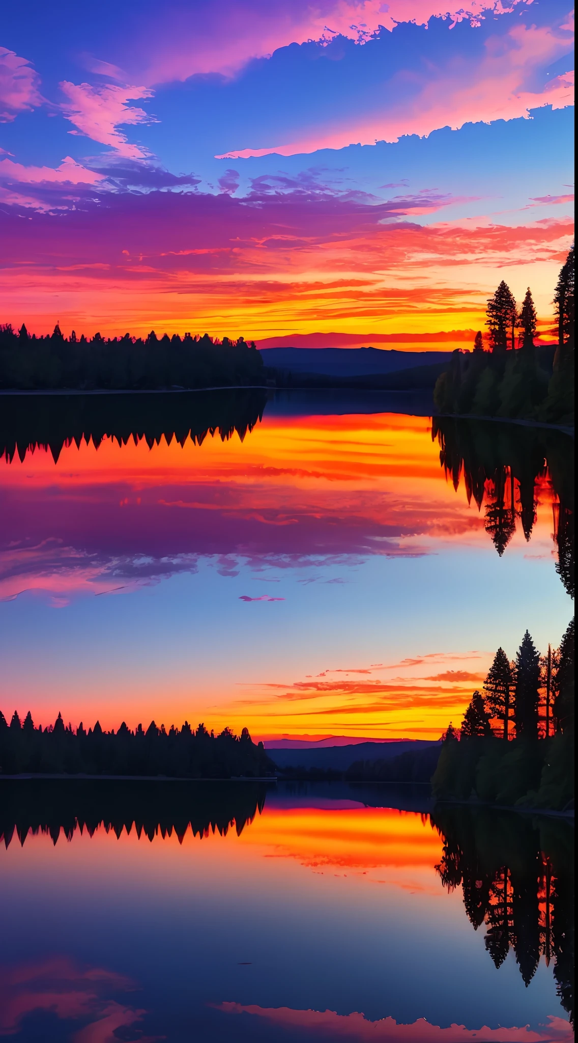 there is a beautiful sunset with a lake and trees in the background, colorful skies, surreal colors, colorful sunset, colorful sky, marvellous reflection of the sky, stunning sky, dream like atmosphere 8k, colorful clouds, colors reflecting on lake, surreal sky, red and blue reflections, fire reflection, beautiful sky, beautiful and spectacular dusk, beautiful dreamy landscape, amazing sky