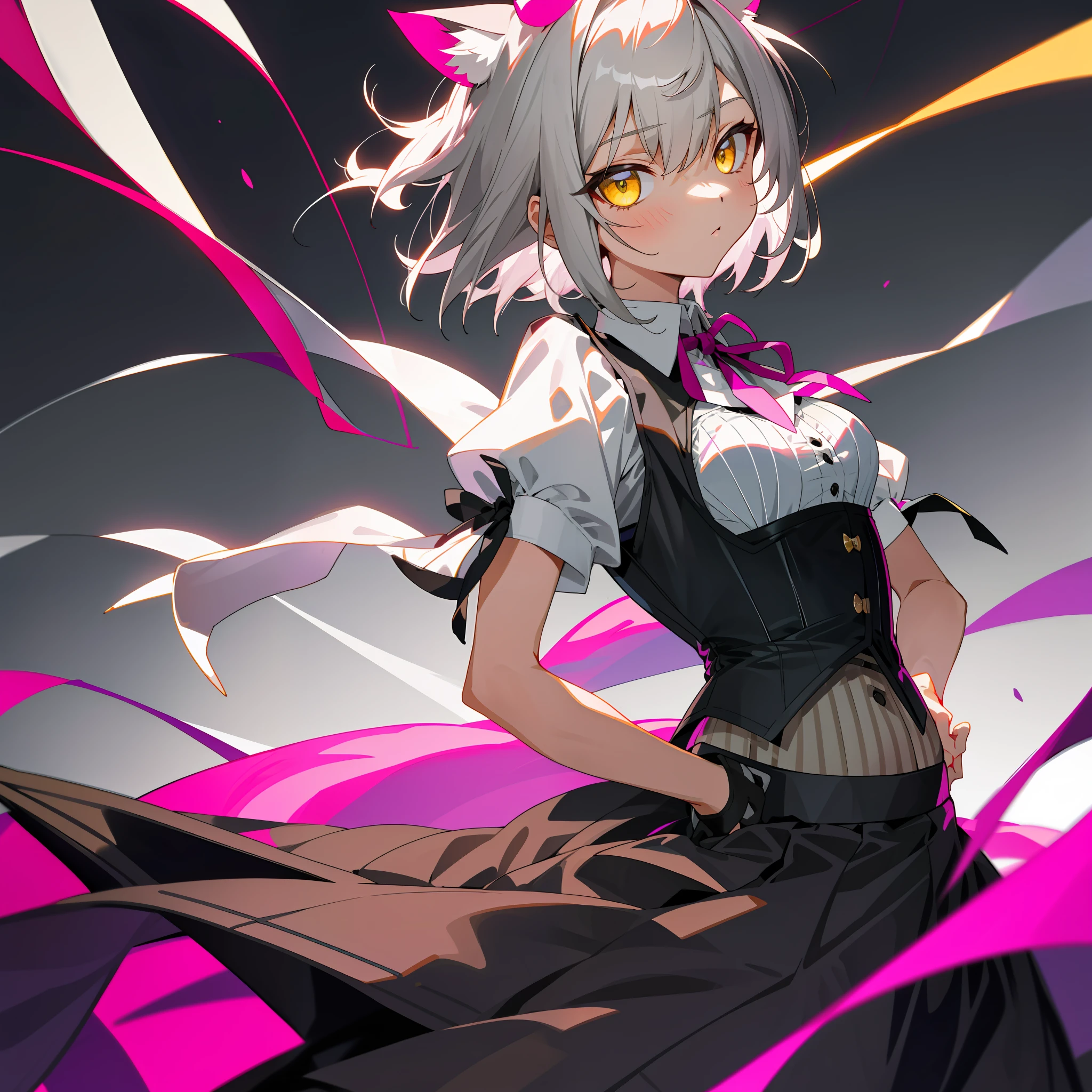 Girls, gray-haired, short-haired, yellow-eyed, small breasts, cat hair ornament, sidelocks, gray-haired, shiny hair, uniform, (golden eyes: 1.2), (two long triangular extensions on the skirt, vest corset on the stomach), white buttons of the vest corset, (stripped shirt with short sleeves under the vest corset), (sleeves ends closer to the arms), (thick ribbon of black color on the neck), ( short magenta skirt),