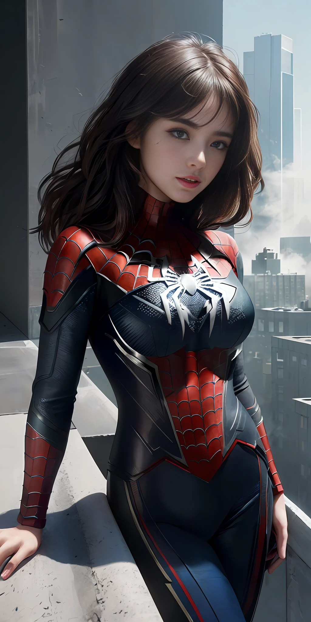 (1girl:1.3), Solo, (((Very detailed face)))), ((Very detailed eyes and face)))), Beautiful detail eyes, Body parts__, Official art, Unified 8k wallpaper, Super detailed, beautiful and beautiful, beautiful, masterpiece, best quality, original, masterpiece, super fine photo, best quality, super high resolution, realistic realism, sunlight, full body portrait, amazing beauty, dynamic pose, delicate face, vibrant eyes, (from the front), She wears Spider-Man suit, red and black color scheme, spider, very detailed city roof background, rooftop, overlooking the city, detailed face, detailed complex busy background, messy, gorgeous, milky white, highly detailed skin, realistic skin details, visible pores, clear focus, volumetric fog, 8k uhd, DSLR, high quality, film grain, fair skin, photo realism, lomography, futuristic dystopian megalopolis, translucent