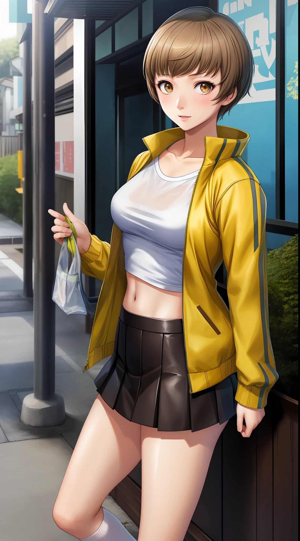 1 woman, Chie Satonaka (from persona 4, light brown short hair, white skin, brown eyes, strong fit body:1,2), green and yellow jacket, , bare shoulders, looking at the viewer, white socks and sneakers, lascivious short skirt, panties, ecchi, in a japanese city park, anime style, wideshot, bare belly, blushing, sexy:1,5, tight wet white t-shirt