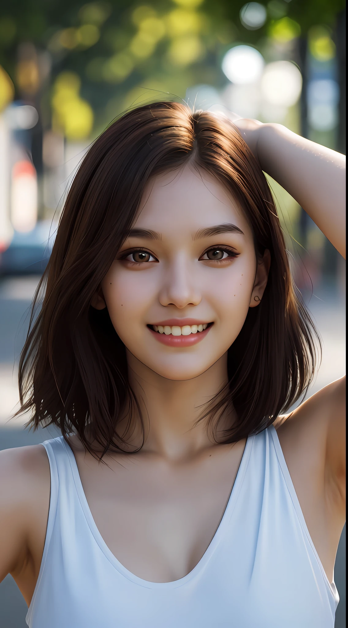 upper body, masterpiece, best quality, raw photo, photorealistic, big, face light, shiny skin, high resolution, super detail, detail, detailed eyes and face, sharp pupils, realistic pupils, sharp focus, evil smile, street, brown hair, dress, bob, armpit visible