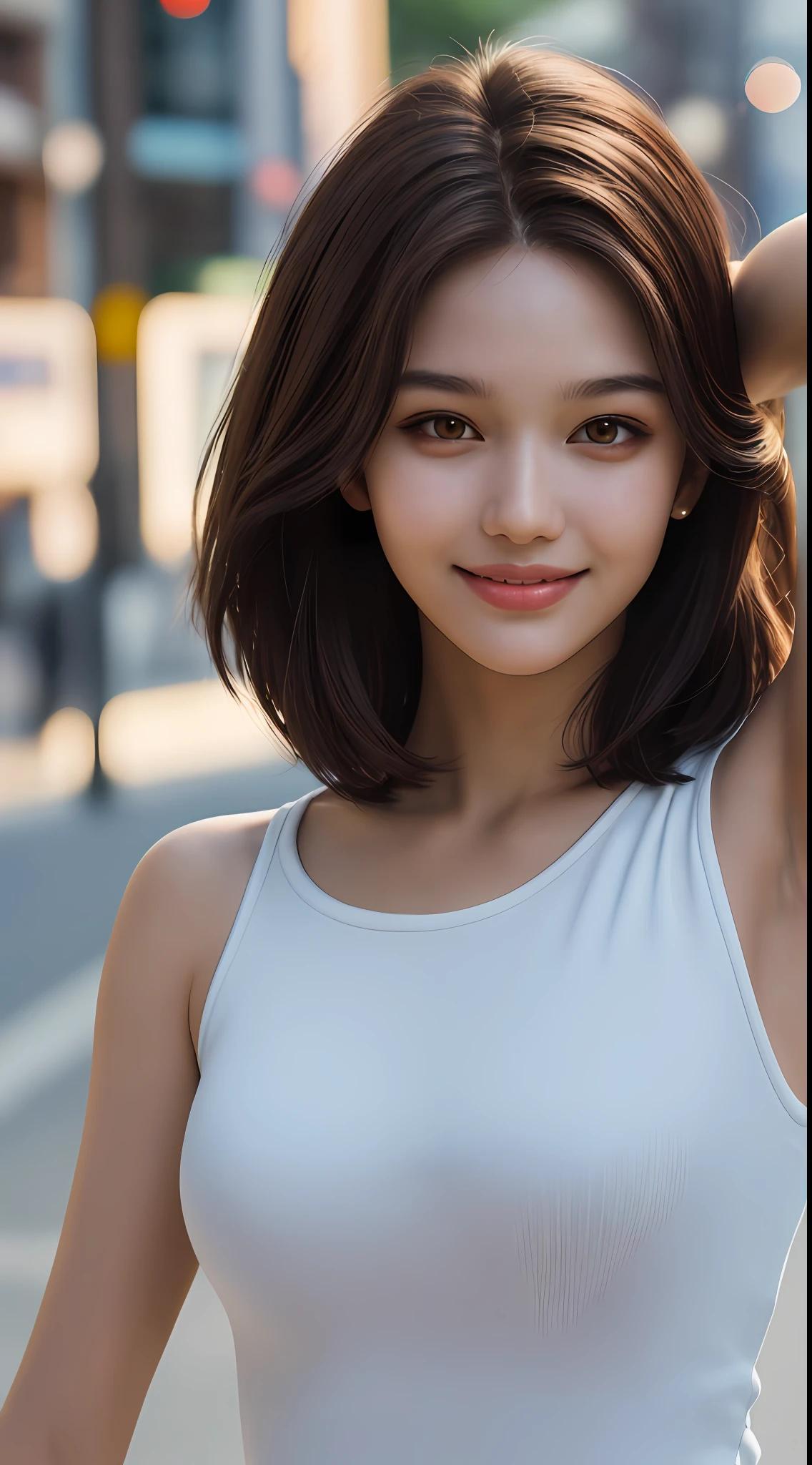 upper body, masterpiece, best quality, raw photo, photorealistic, big, face light, shiny skin, high resolution, super detail, detail, detailed eyes and face, sharp pupils, realistic pupils, sharp focus, evil smile, street, brown hair, dress, bob, armpit visible