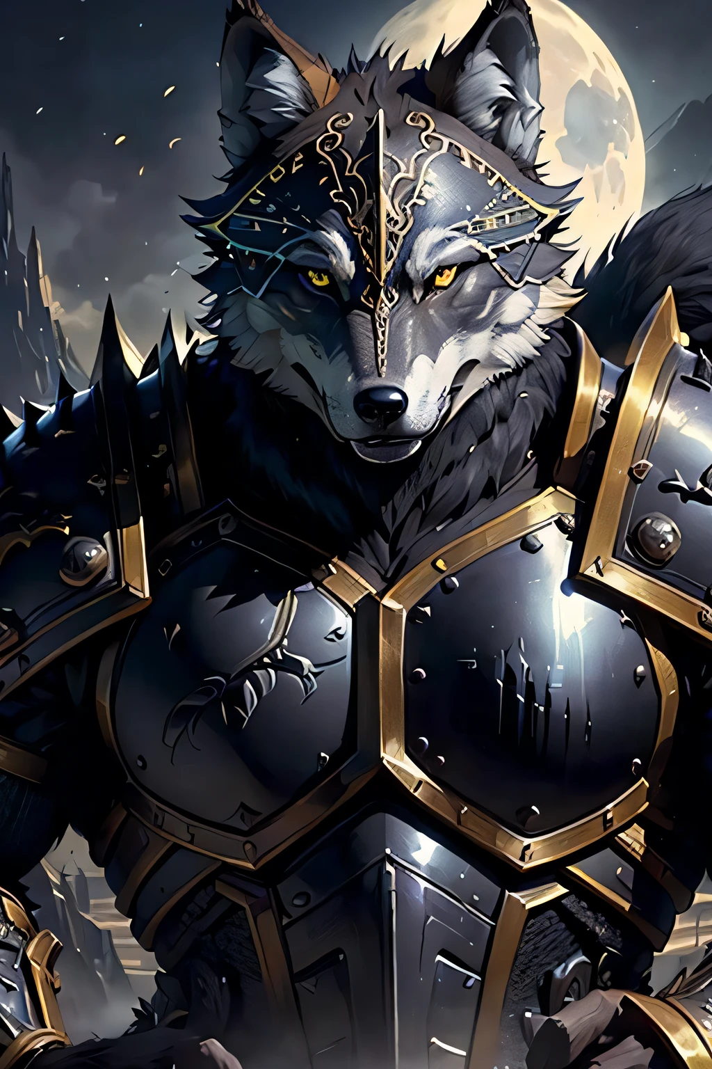 best quality ,masterpiece, illustration, an extremely delicate and beautiful, sharp focus, absurdres, realistic proportions, ((((realistic, hyperrealistic:1. 4)))), 16k hdr ,CG ,unity , ((((((((1wolf)))), full character)))),(((((armor), knight, rogue, paladin, mid body, ((((wearing black warrior suit)))), berserker, ranger, valkyrie, armor, dark, shadow, ((valley, landscape))))),((looking at viewer)),(((dark:1.4), deep shadow, moonlight, extremely detailed )), Amazing, dramatic light,style of Yoji Shinkawa and Hyung-tae Kim,((drastic hair ornaments)),((Soft light))), (CGSociety, Intricate:1.1),symmetrical, detailed linework, cinematic, psychedelic, black paper with vibrant line work, ornate, ((((symmetrical)))), highly detailed, castle, ((golden ratio)),(filigree:1.4) ,((loong pattern)),