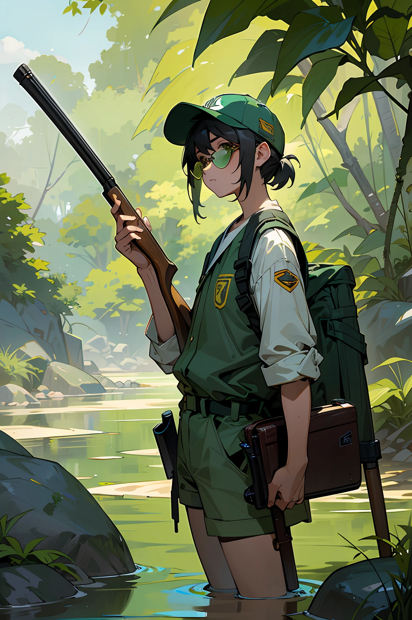(masterpiece), best quality, solo, standing in the jungle holding a shotgun, Fio Germi, round eyewear, hat, baseball cap, shorts, riverbank, lush green vegetation, shallow river, full of rocks, muddy water, ready for adventure.