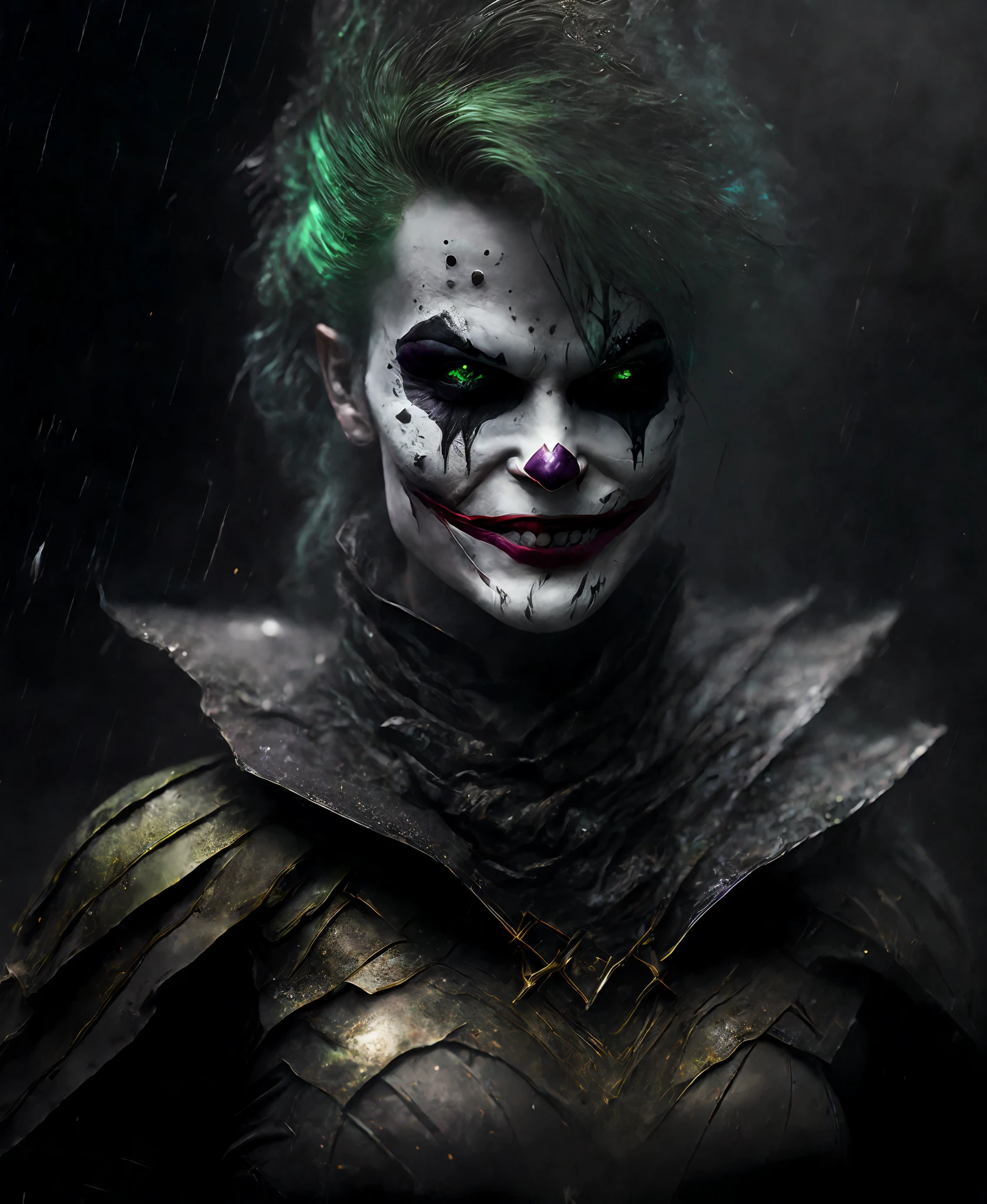 Close-up (Woman dressed as Joker from DC in Viking style: 1.3) emerging from wet black mud, extremely detailed, smoke, sparks, metal shavings, flying debris, volumetric light