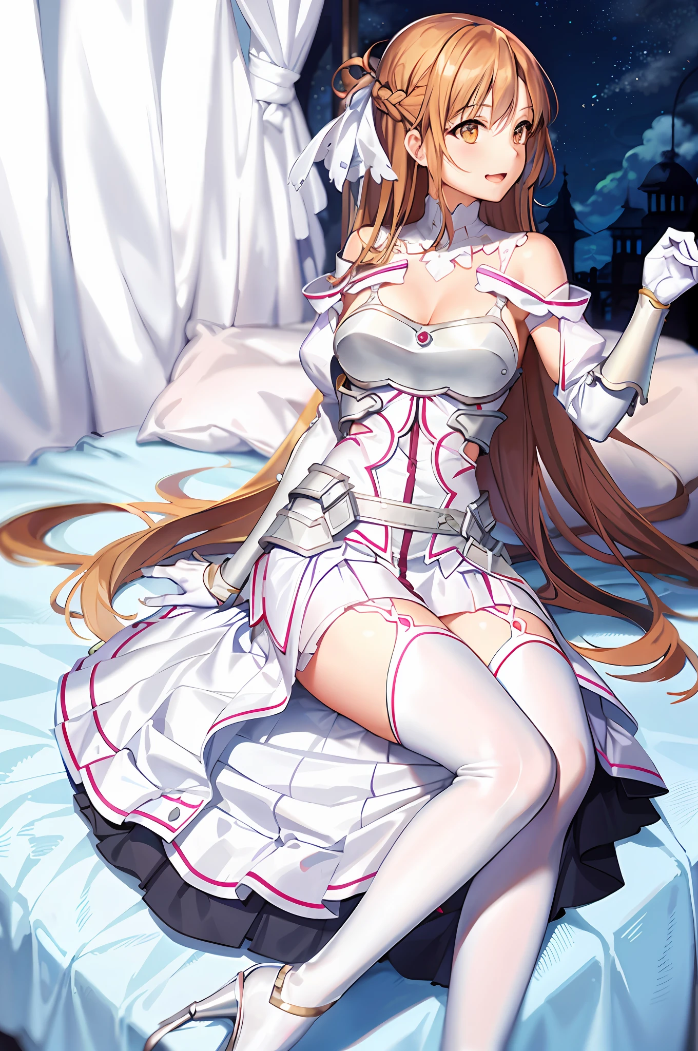 Stacia, Asuna, asuna_\(sao\), 1girl, (sexy pose:1.4), fantasy, hi-res, looking_away, looking_to_the_side, original, real, (excited), landscape, close_up, upper_body, (lying in bed:1.2), smile, solo, (pottle king: 1.2), Long hair, (Big: 1.3), View viewer, Smile, Open mouth, Bangs, Detailed eyes, Beautiful background, (hotel room), Hands on chest, Orange hair, (legs spread: 1.3), thighs, gloves, dress, (cleavage: 1.4), bare shoulders, brown eyes, very long hair, standing, (full body: 1.5), white gloves, white dress, armor, white thighs, garter straps, breeze, white armor, ABEC, NSFW, sea
