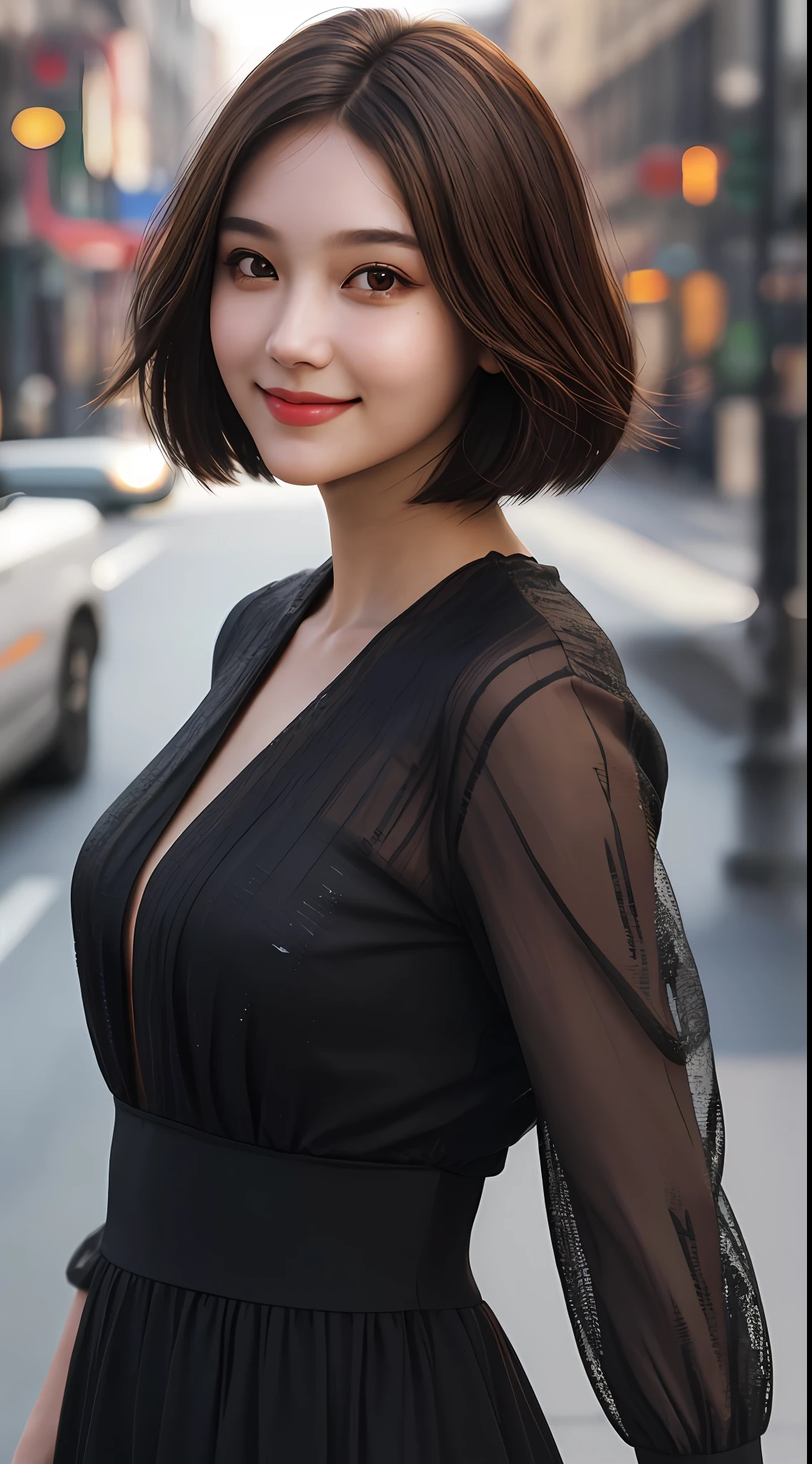 upper body, masterpiece, best quality, raw photo, photorealistic, big, face light, shiny skin, high resolution, super detail, detail, detailed eyes and face, sharp pupils, realistic pupils, sharp focus, evil smile, street, brown hair, dress, bob, nape visible