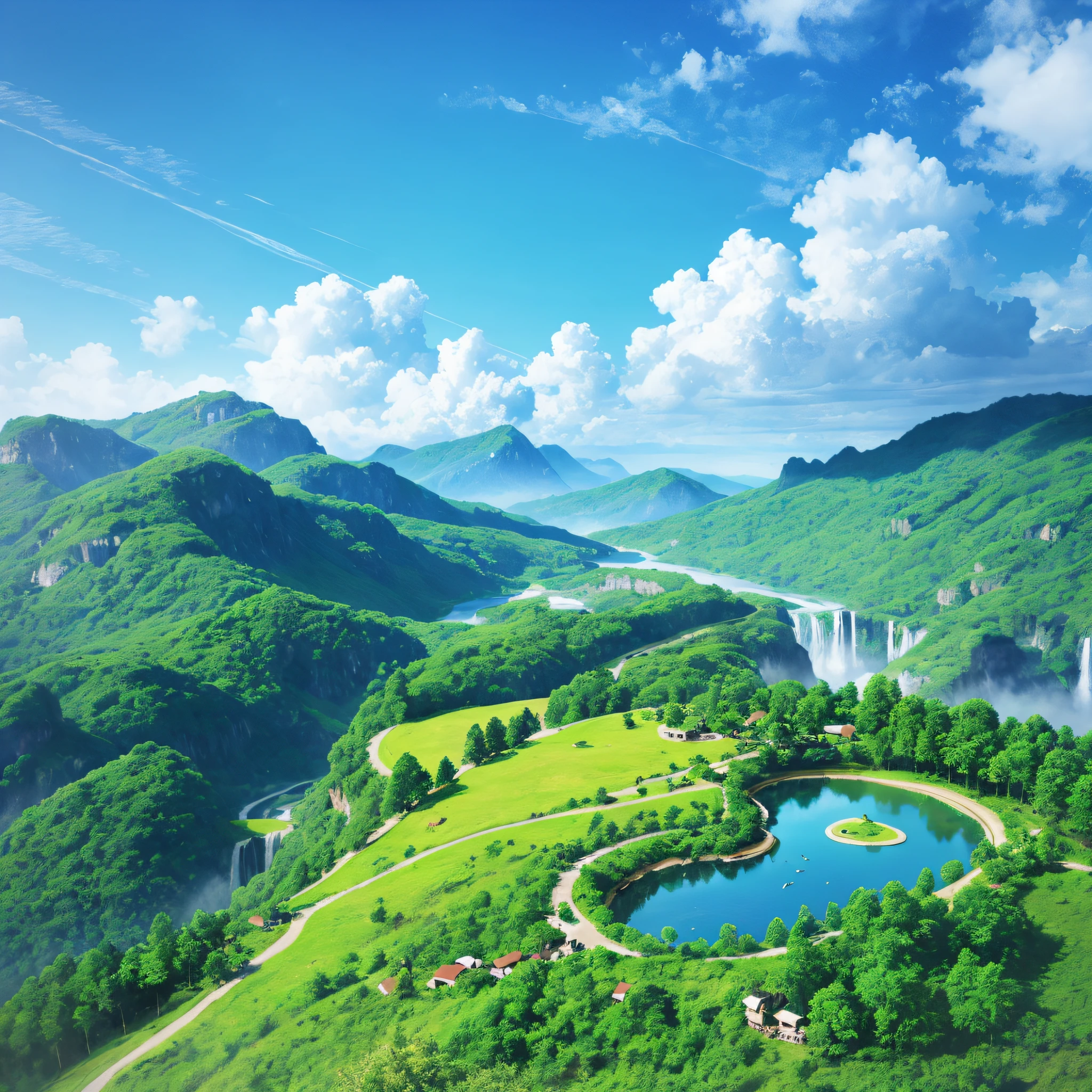 mountains and lakes surrounded by lush green trees and a blue sky, made of tree and fantasy valley, epic beautiful landscape, majestic nature scenery, impressive fantasy landscape, highly detailed landscape, beautiful render of a landscape, detailed scenery —width 672, beautiful landscape, fantastic landscape, a beautiful landscape, amazing landscape, beautiful scenic landscape, natural landscape beauty