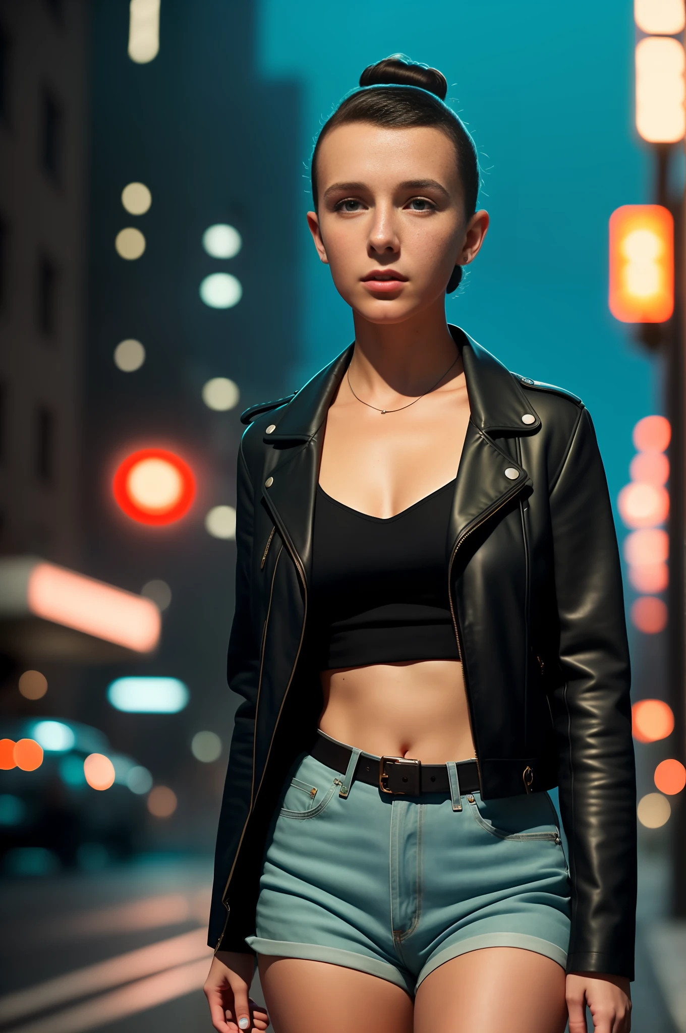 Timeless Style, Analog Style, Retro Style, 1950s Style, Masterpiece, (Best Quality:1.12), 8K, Art Station, High Detail, Sharp Focus, High Quality, Ultra Realistic, Beautiful Sexy Millie Bobby Brown Raw Photo Portrait, Tank Top, (No Bra:1.2), Watch Viewer, (Perfect Face:1.2), (Perfect Eyes:1.2), (Big:1.2), (Big Ass:1.2), Black Hair, (Wind Blows:1.2), (Midnight:1.2), City Lights, Walking in the City, Depth of Field, Volumetric Lights, Movie Lighting, Medium Shot, (Face Focus: 1.2) Fantasy