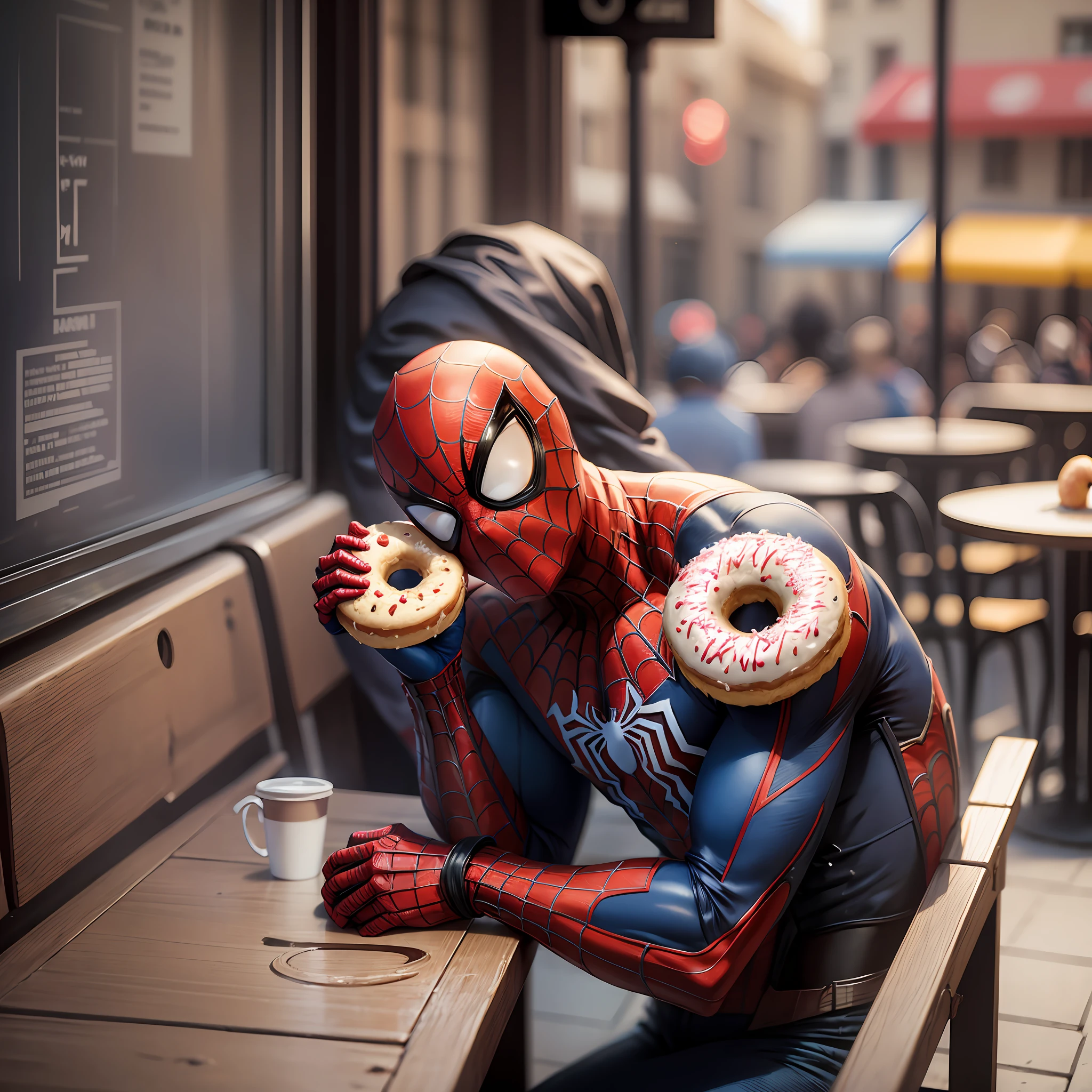 Portrait 512 A cinematic film still of Spider-Man wearing a mask eating (Donut: 0.8) on a café terrace seat, --auto --s2
