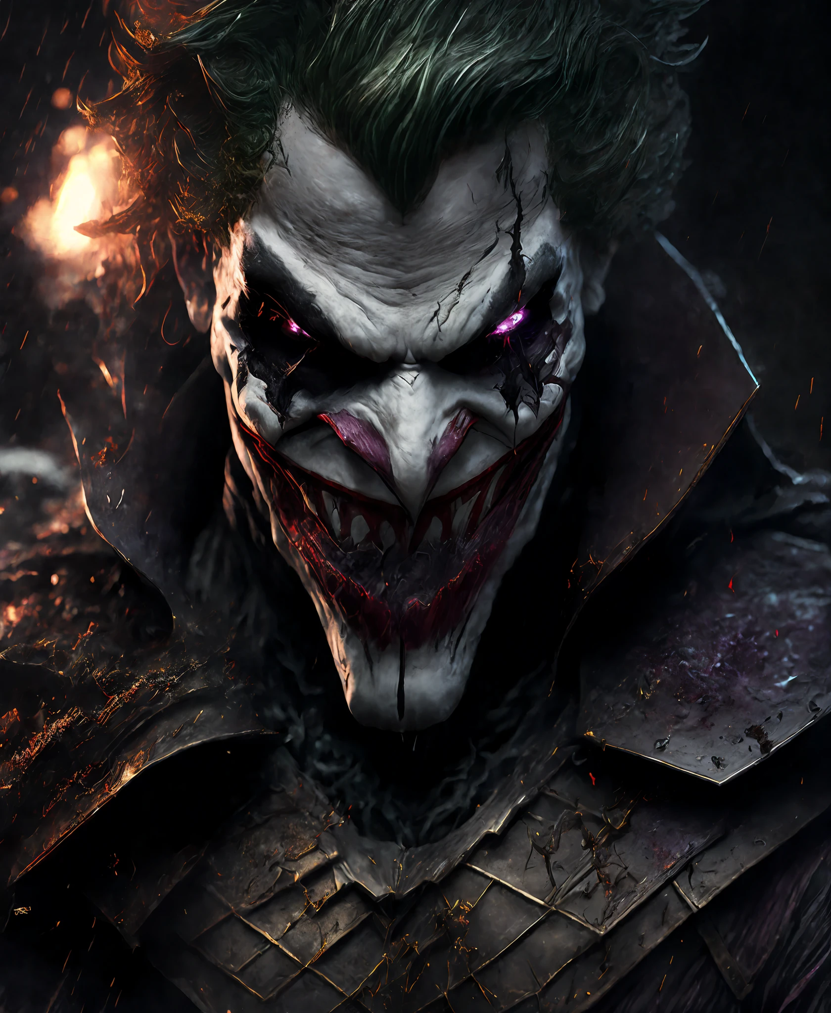 Close-up (Blood Joker from DC in Viking style: 1.3) emerging from wet black mud, extremely detailed, smoke, sparks, metal shavings, flying debris, volumetric light