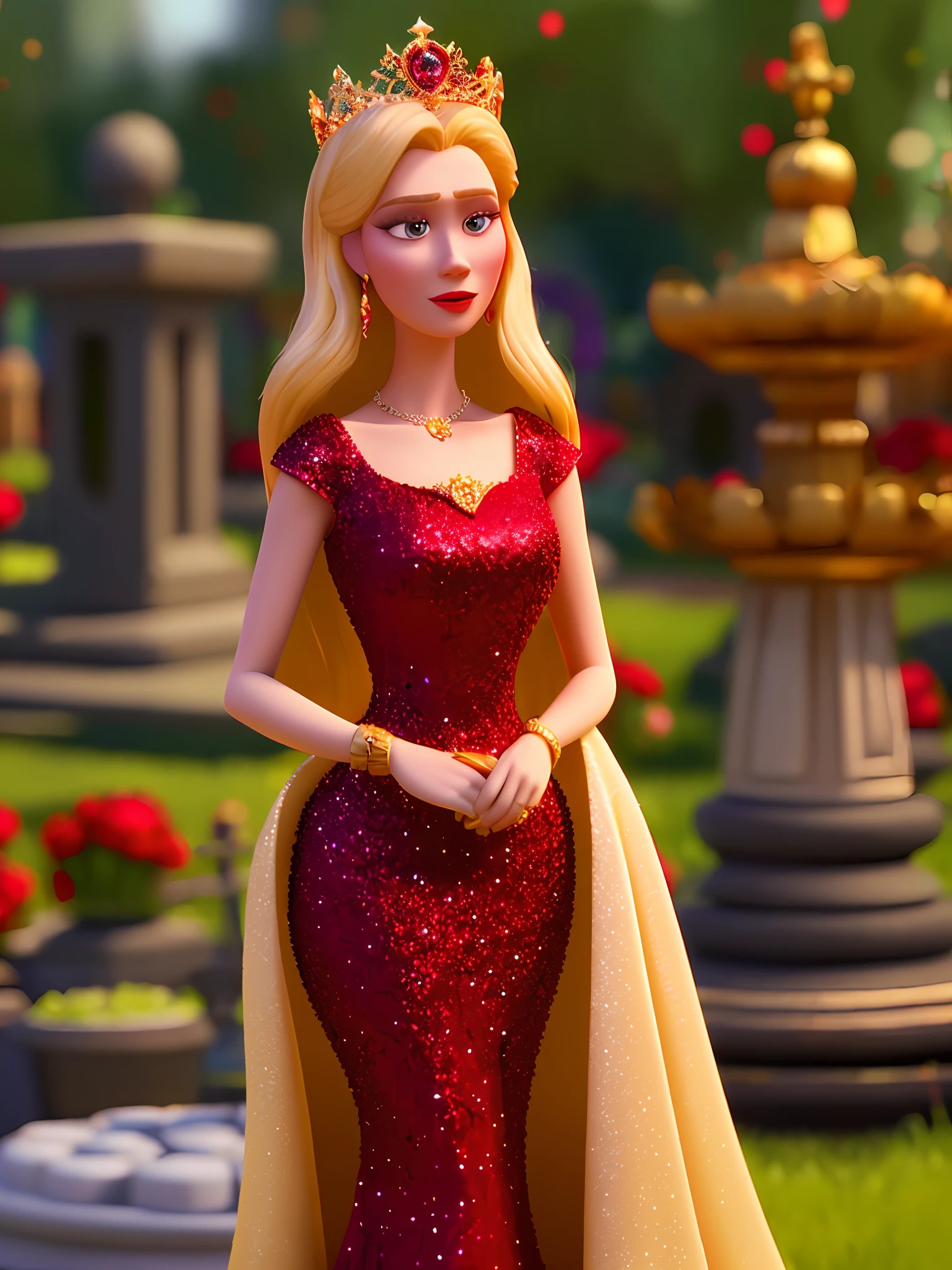 Beautiful blonde woman, long red dress, queen's crown, champagne glass in hand, graveyard, (pixar style) (masterpiece:1.2) (bokeh) (great quality) (detailed skin) (detailed texture) (8k) (claymation) (cinematic lighting) (sharp focus)