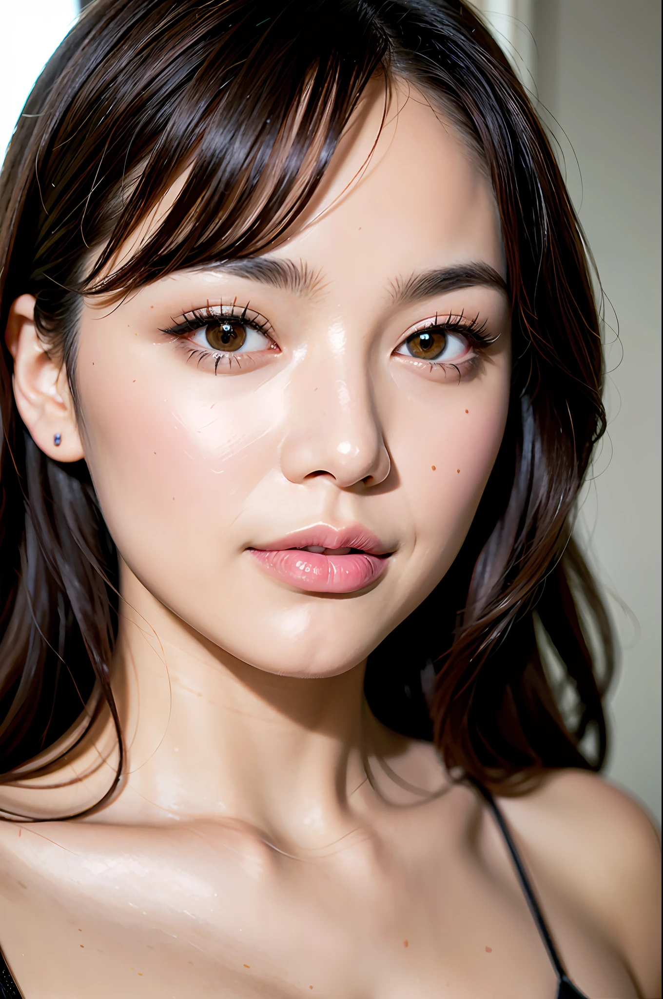 (8K, HDR, Hi-Res), (((Photography, RAW Photography, Hyperrealism, Masterpiece, Best Quality, Ultra High Definition)))), (Pin Light, Backlight, Backlight, Cinematic Light), Sharp Focus: 1. 4, (hyper detail, fine detail), face close-up, close-up, smile: 1.4,
1 girl, face shaped like an egg, big, beautiful cat-like eyes, cute and button-like nose, small and rather plump lips, thick eyebrows, long and beautiful eyelashes. The whole makeup is transparent, with a touch of pink and sparkling lip gloss on the cheeks. The hairstyle is long with wavy waves.