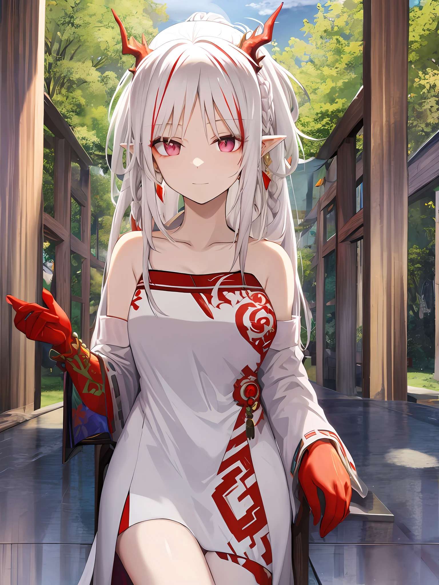 White hair, red eyes, royal sister, long hair, ancient style, completely naked