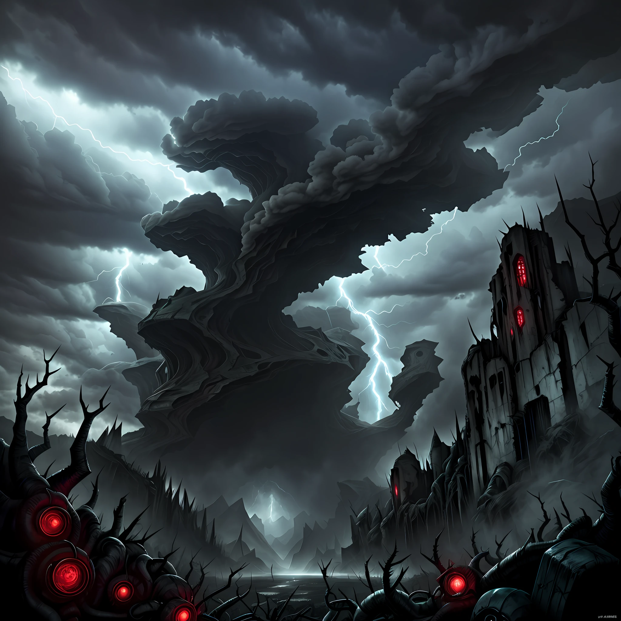 Face of condemned souls inside of the catastrophic hurricane , Valley of madness in background. Thorns, chaos, devastation, dramatic cloudy sky. Horror art, artstation, UHD, unreal engine, sketch color drawing.