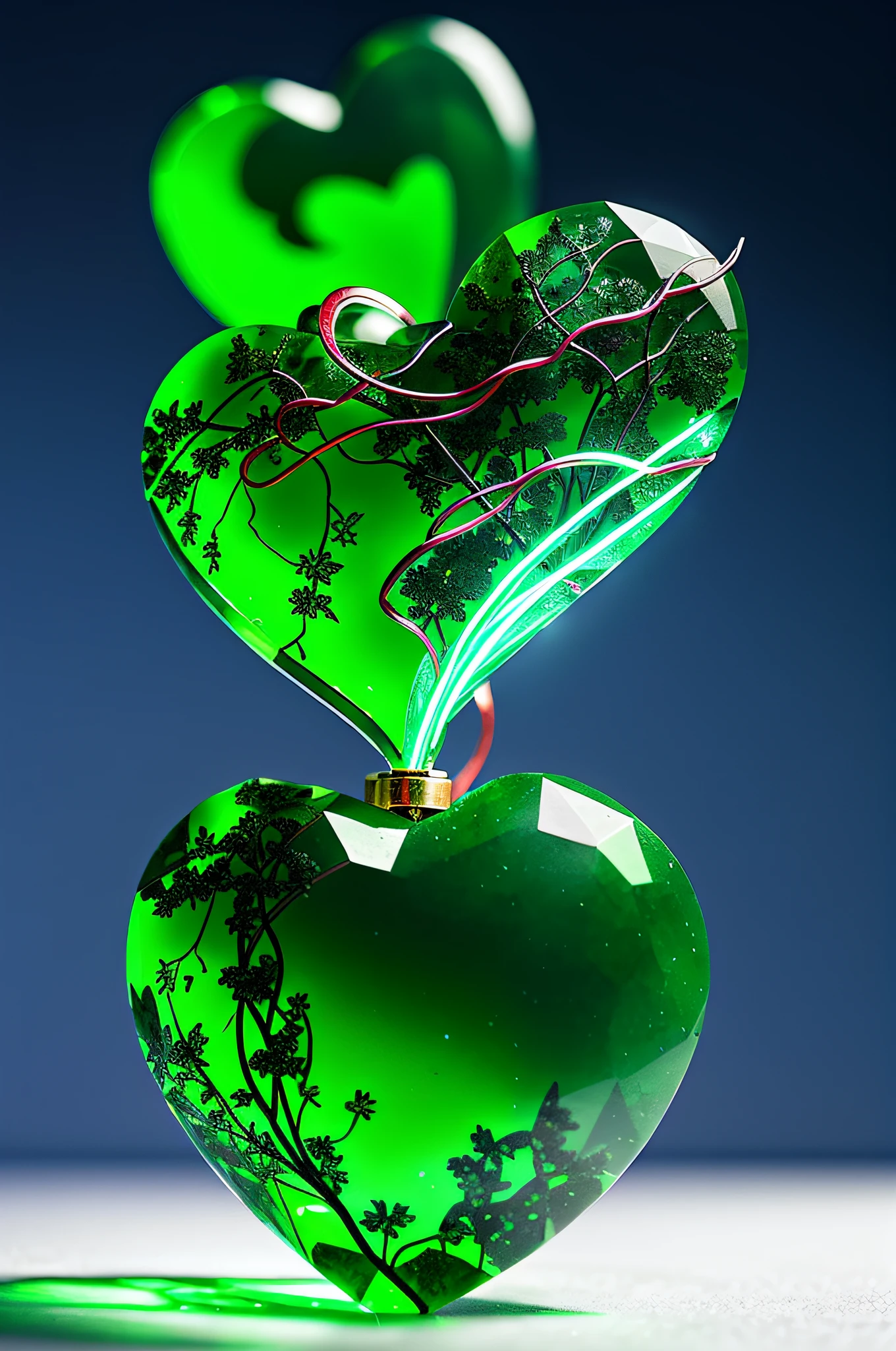 tile heartful, colorful botanical illustrations, jade stone in the shape of a cracked heart, magnificent crystal sculpture with lightning in the sky, cinematic atmosphere, volumentric lighting, red and green give inspiration, epic, fantasy, intricate, hyper detailed, artstation, concept art, smooth, sharp focus, ray tracing, vibrant, photorealistic