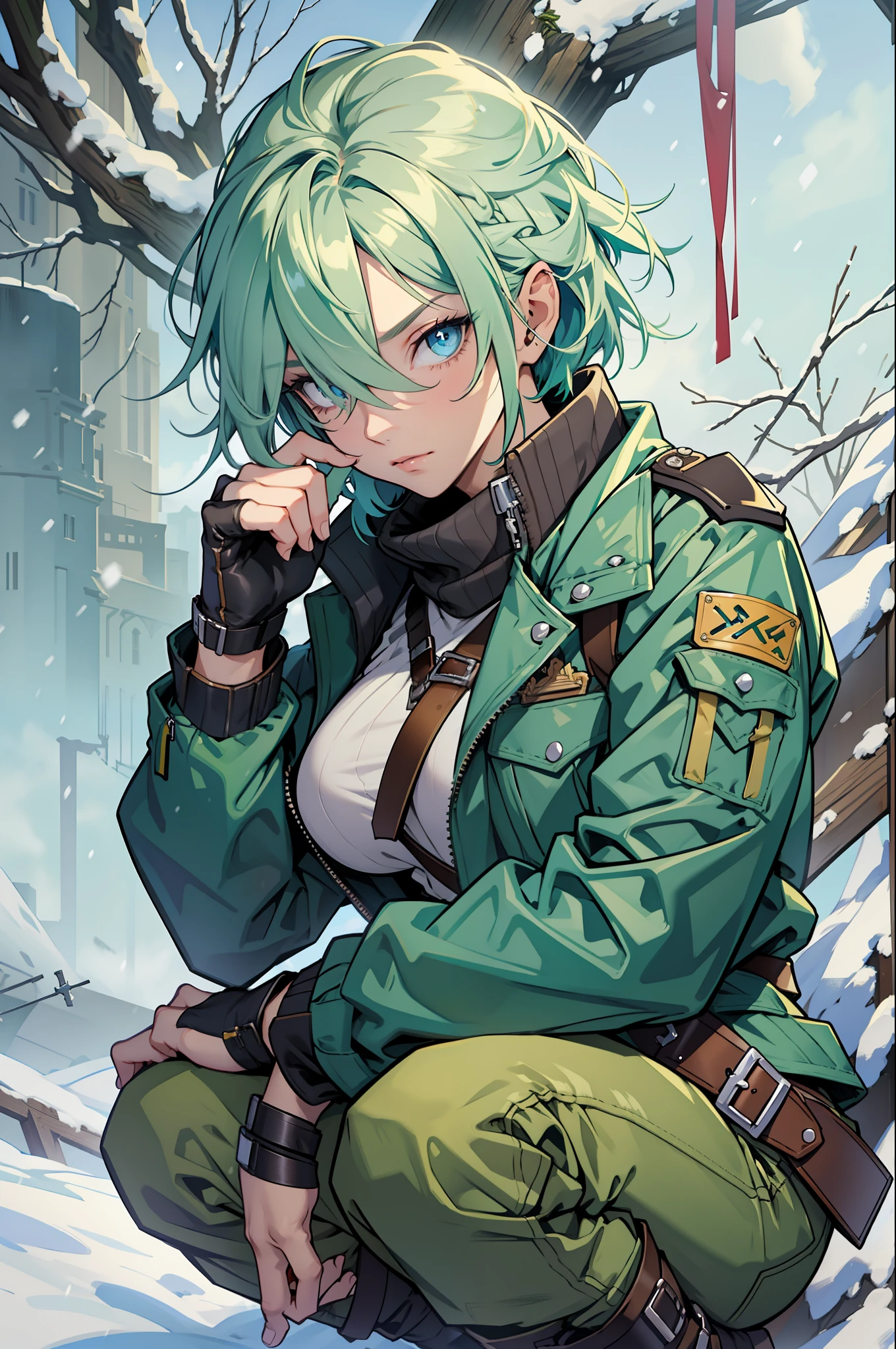 masterpiece, best quality, blue eyes, hair over one eye, green jacket, (cleavage:0.7), belt, green pants, fingerless gloves, cross-laced boots, holding AK-47, snow, one knee, from side, wide shot, blue sky --auto --s2